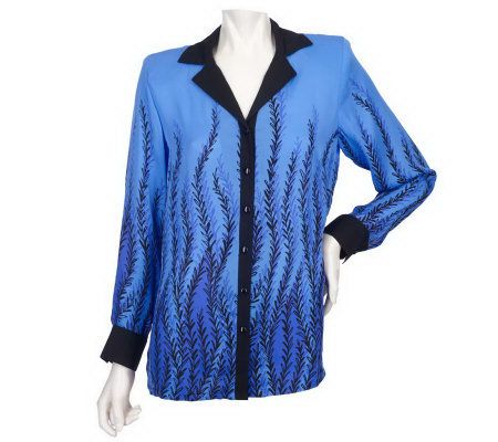 Bob Mackie's Long Sleeve Botanical Print Button Front Silk Blouse ...