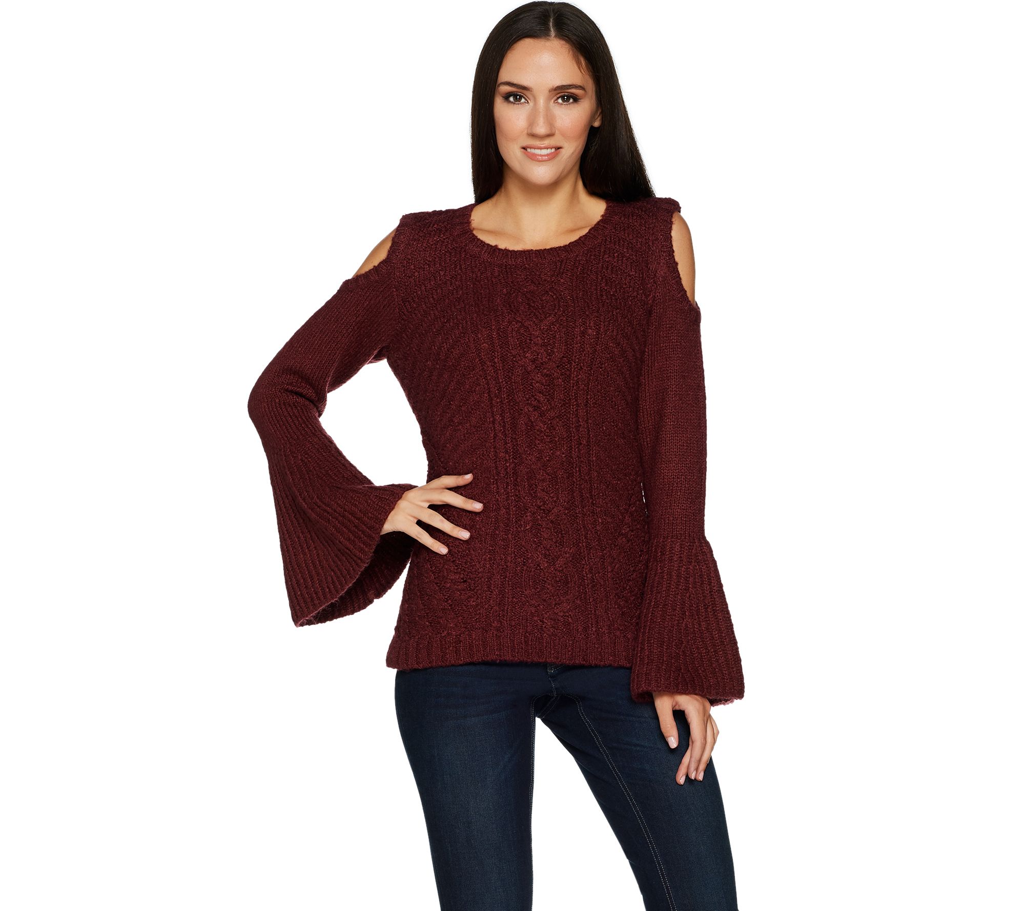 G.I.L.I. Cold Shoulder Cable Knit Sweater