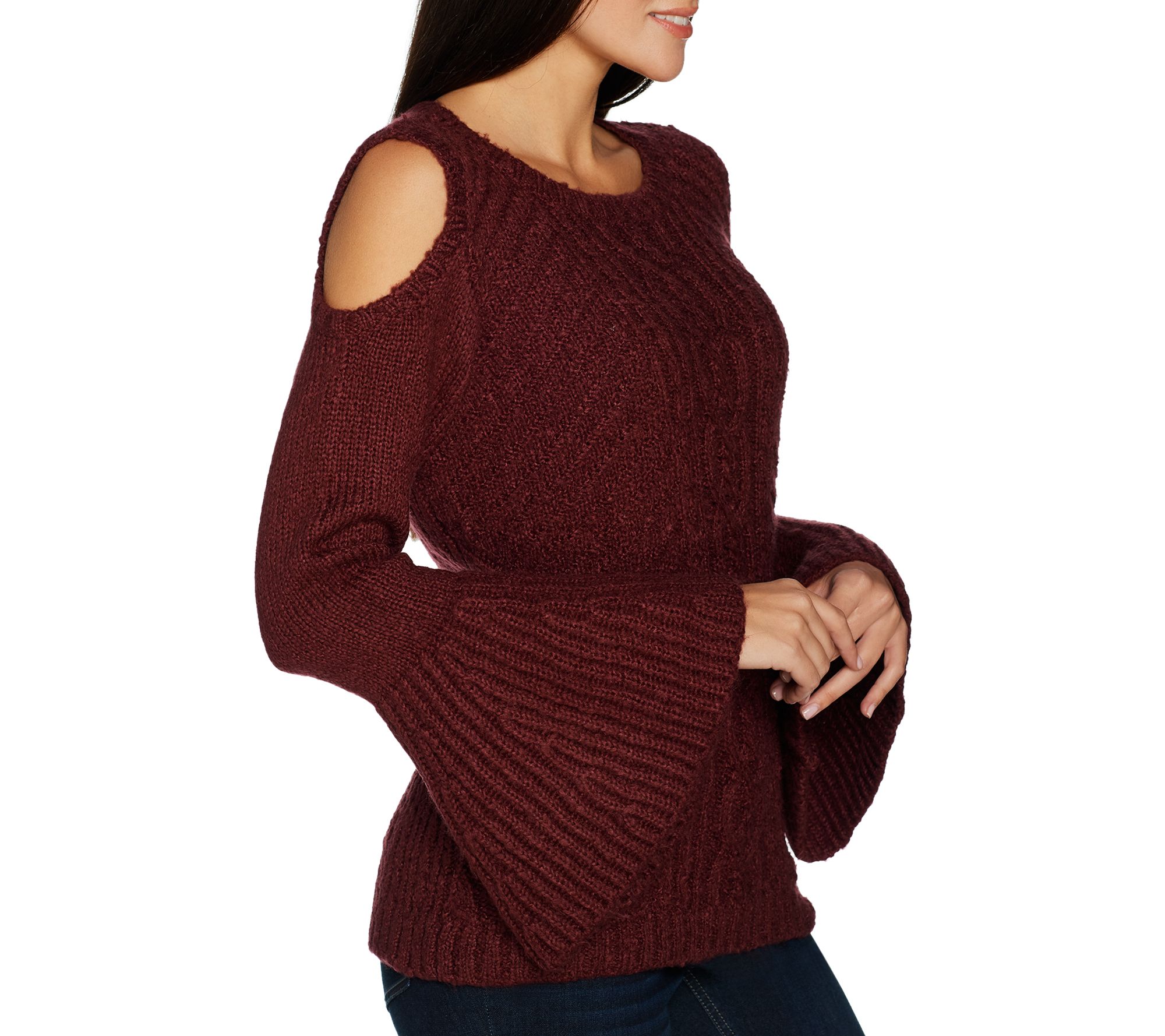 cold shoulder cable sweater