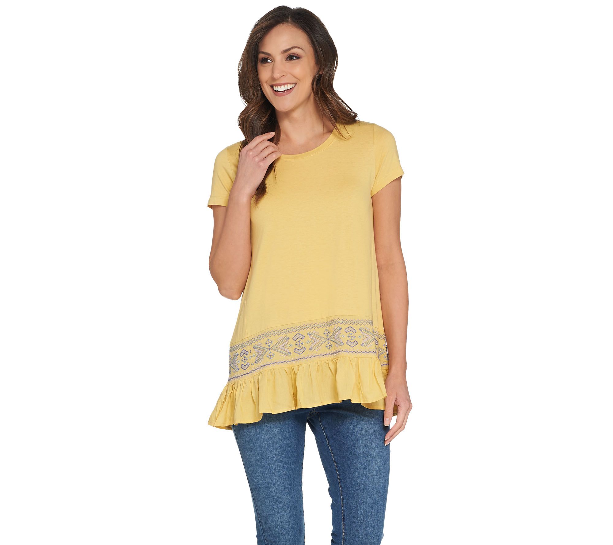 LOGO by Lori Goldstein Cotton Modal Embroidered Top w/ Ruffle Hem - A302427