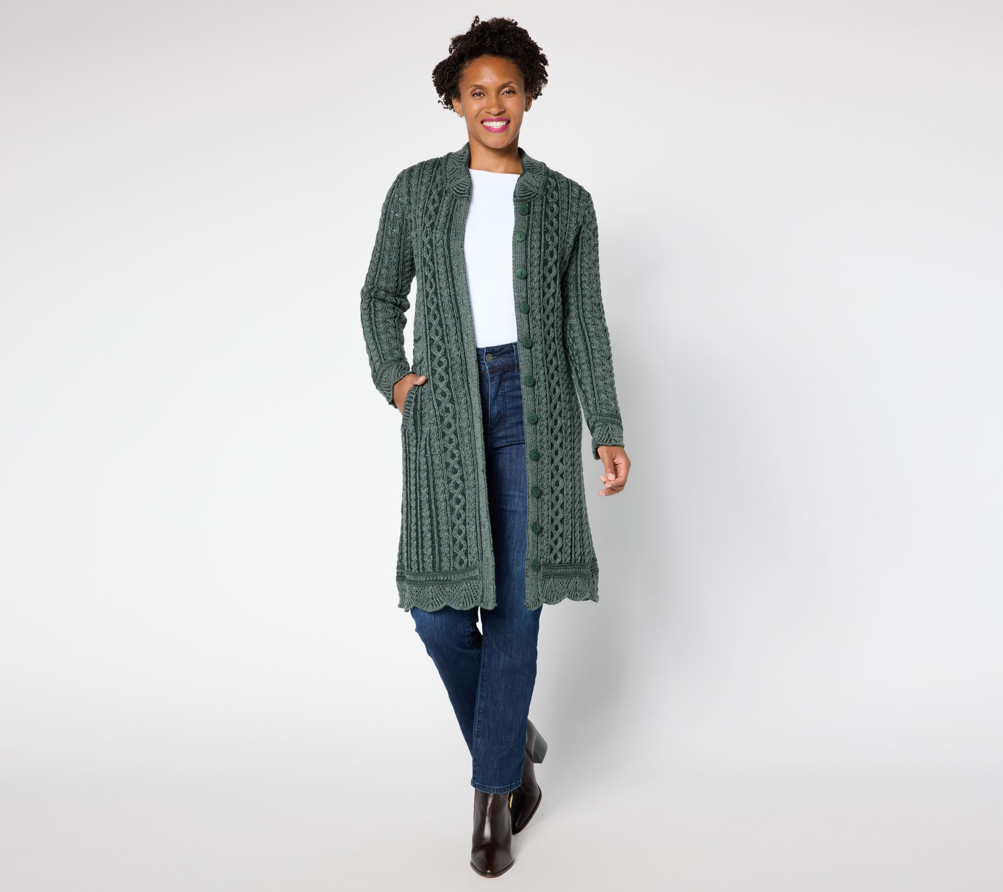 Aran Crafts Merino Wool Long Button Front Cardigan