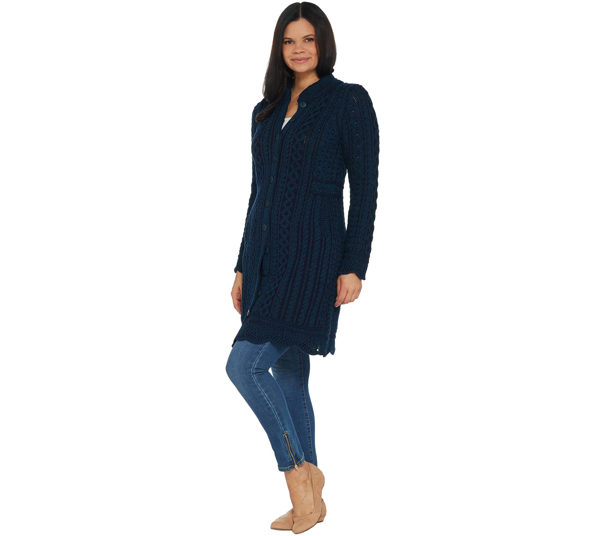Aran Crafts Merino Wool Long Button Front Cardigan