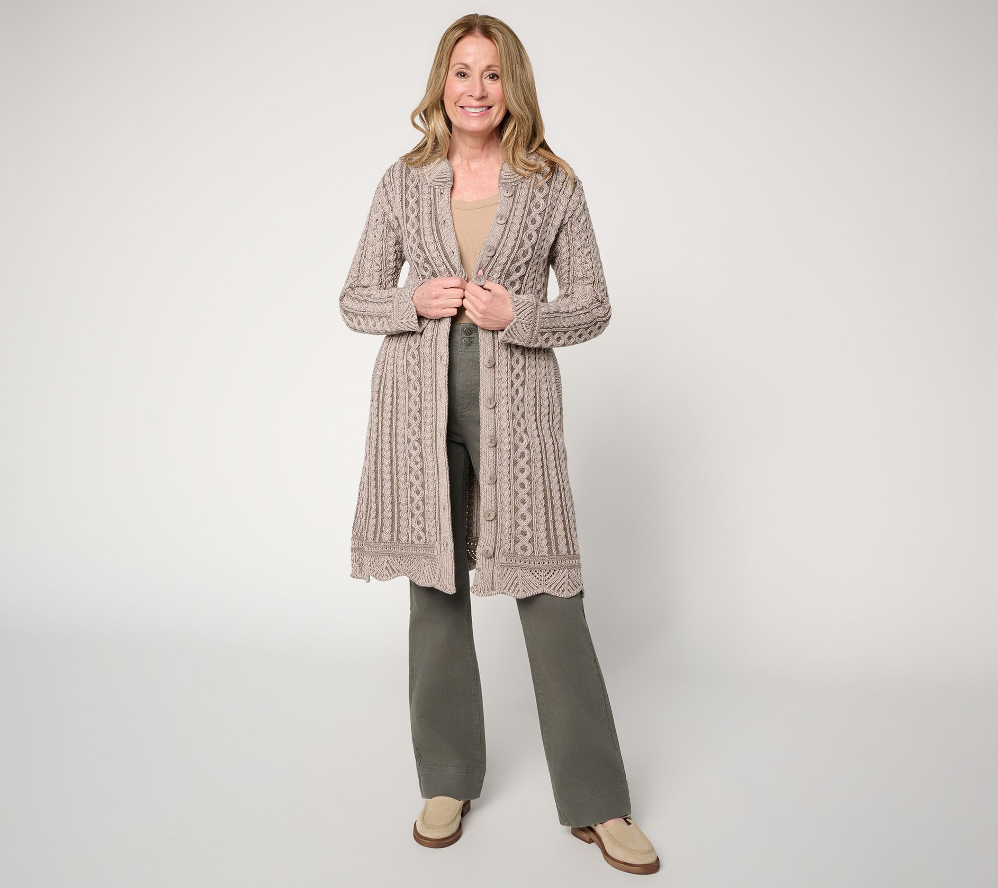Aran Crafts Merino Wool Long Button Front Cardigan