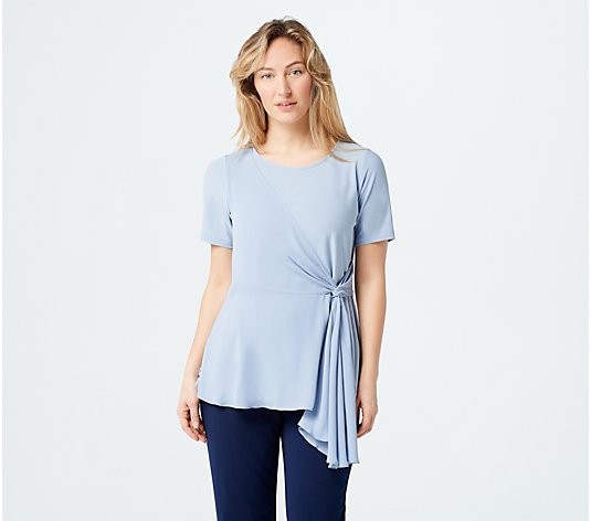 Dennis Basso Caviar Crepe Short Sleeve Top with Woven Draping