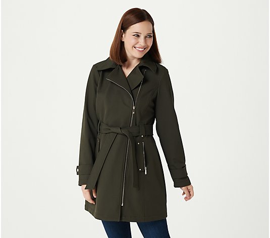 Dennis Basso Water Resistant V-Luxe Asymmetrical Trench Coat