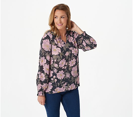 Joan Rivers Floral Print Woven Pullover Blouse with Smocked Cuffs