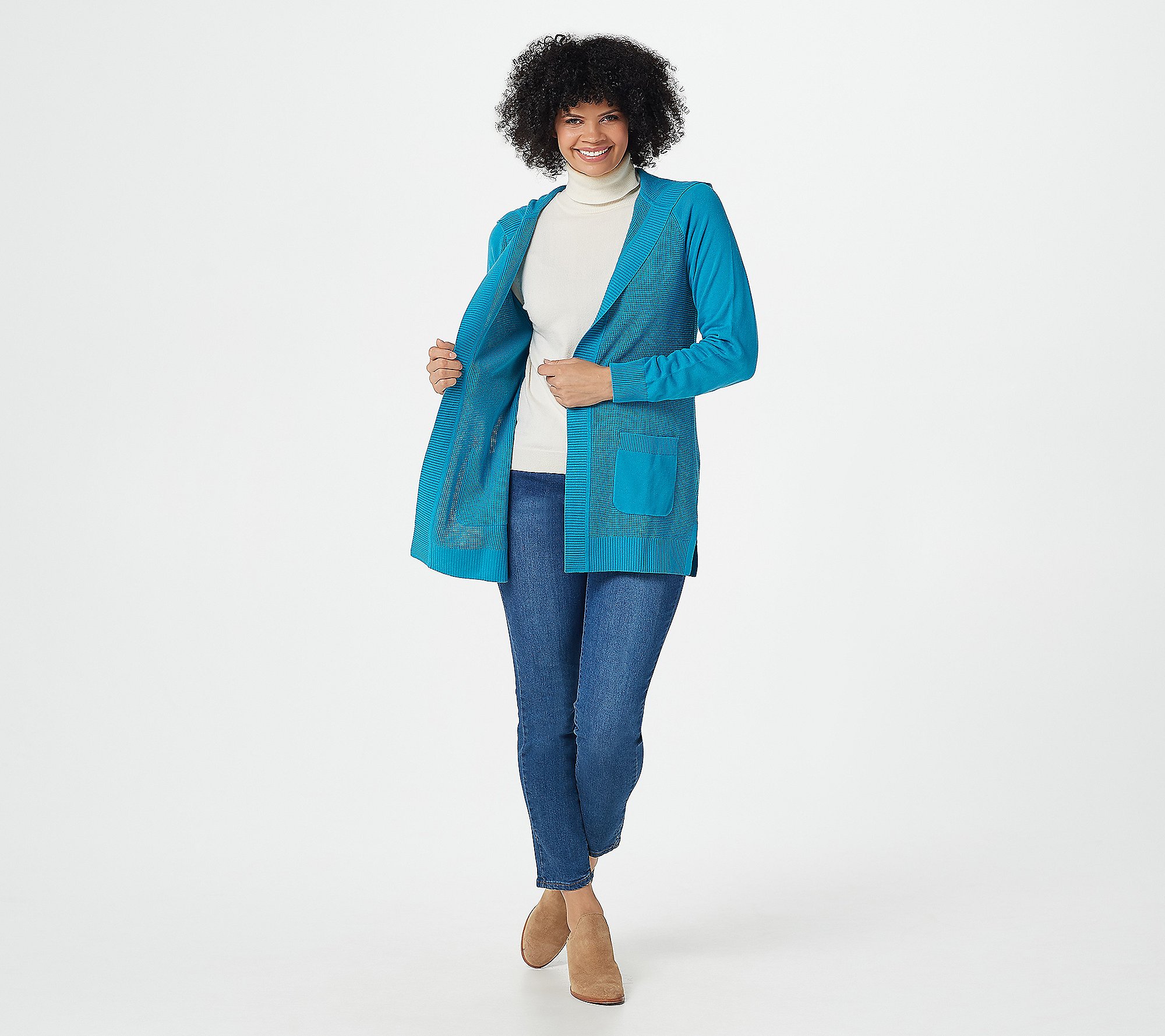 Isaac Mizrahi SOHO Indigo Blue Textured Open Front Hooded Cardigan Sweater New 