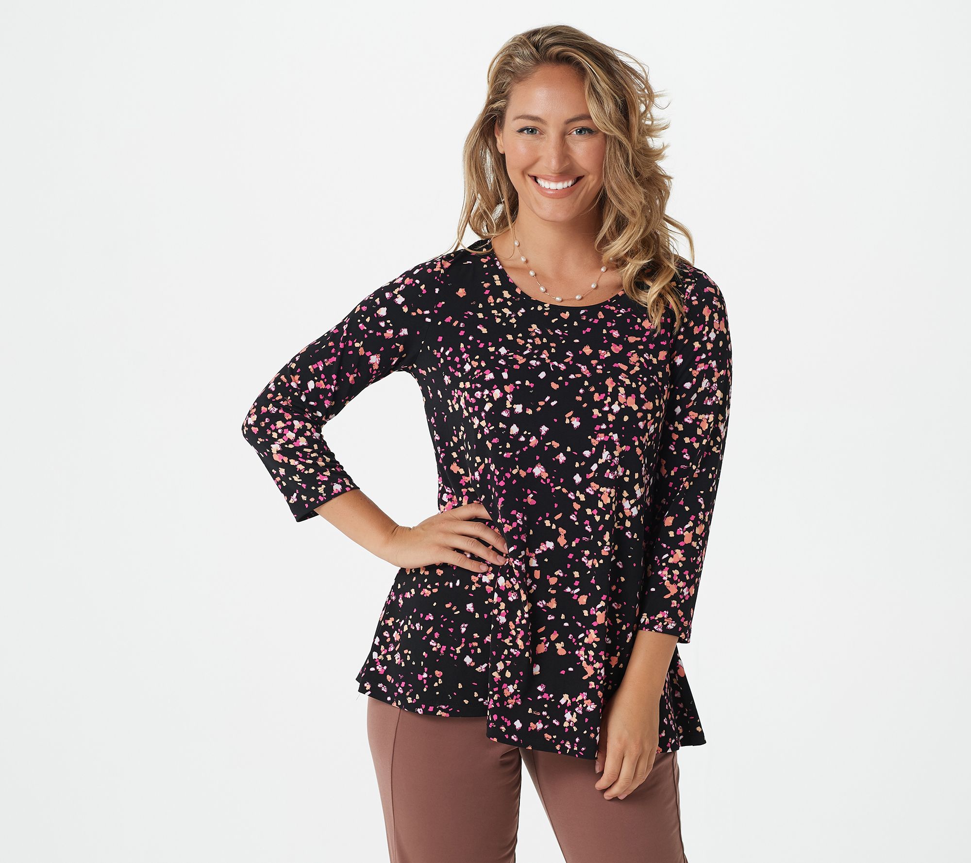 "As Is" Susan Graver Regular Printed Liquid Knit A-Line 3/4 -Sleeve Tunic
