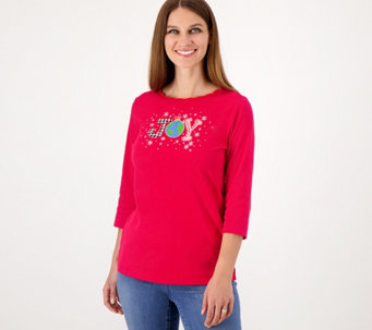 Quacker Factory Holiday 3/4-Sleeve Top with Scallop Neckline