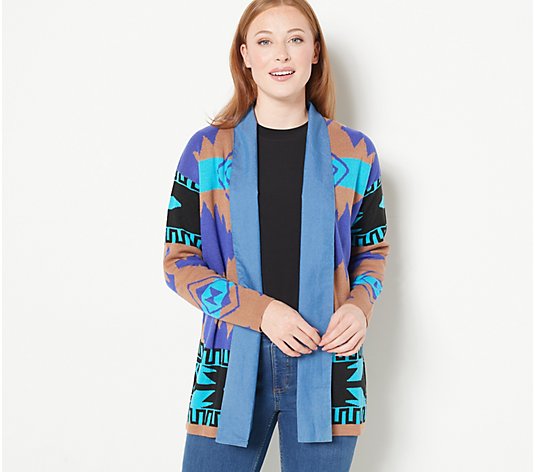 "As Is" Attitudes by Renee Aztec Cardigan with Denim Lapel