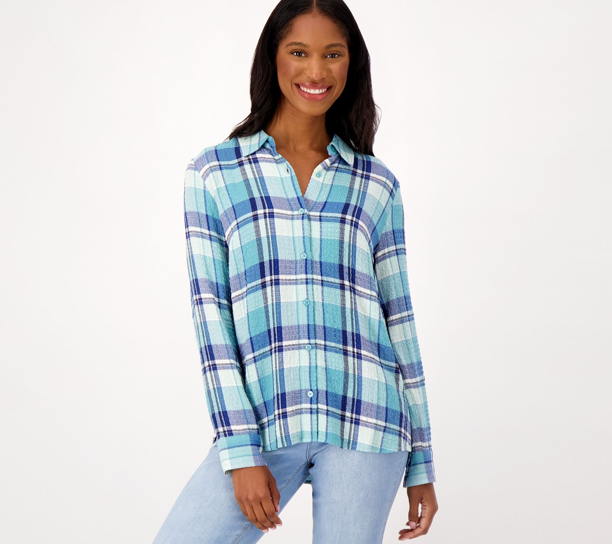Denim & Co. Plaid Texture Woven Button Front Shirt