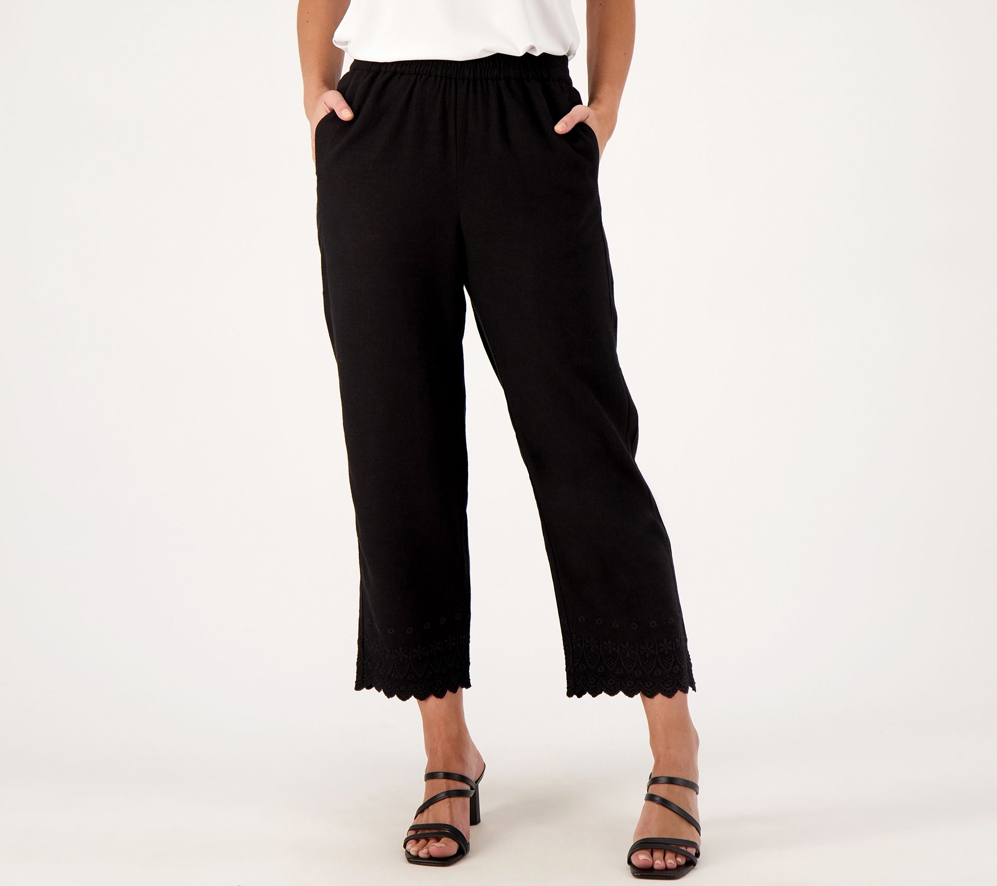 Susan Graver PURE Linen Petite Pull-On Embroidered Hem Crop Pants