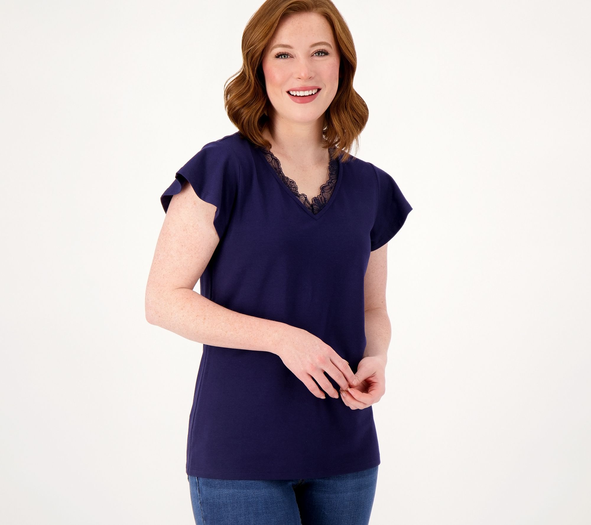 Denim & Co. Favorite Jersey V-Neck Flutter Sleeve Top w/ Lace Trim