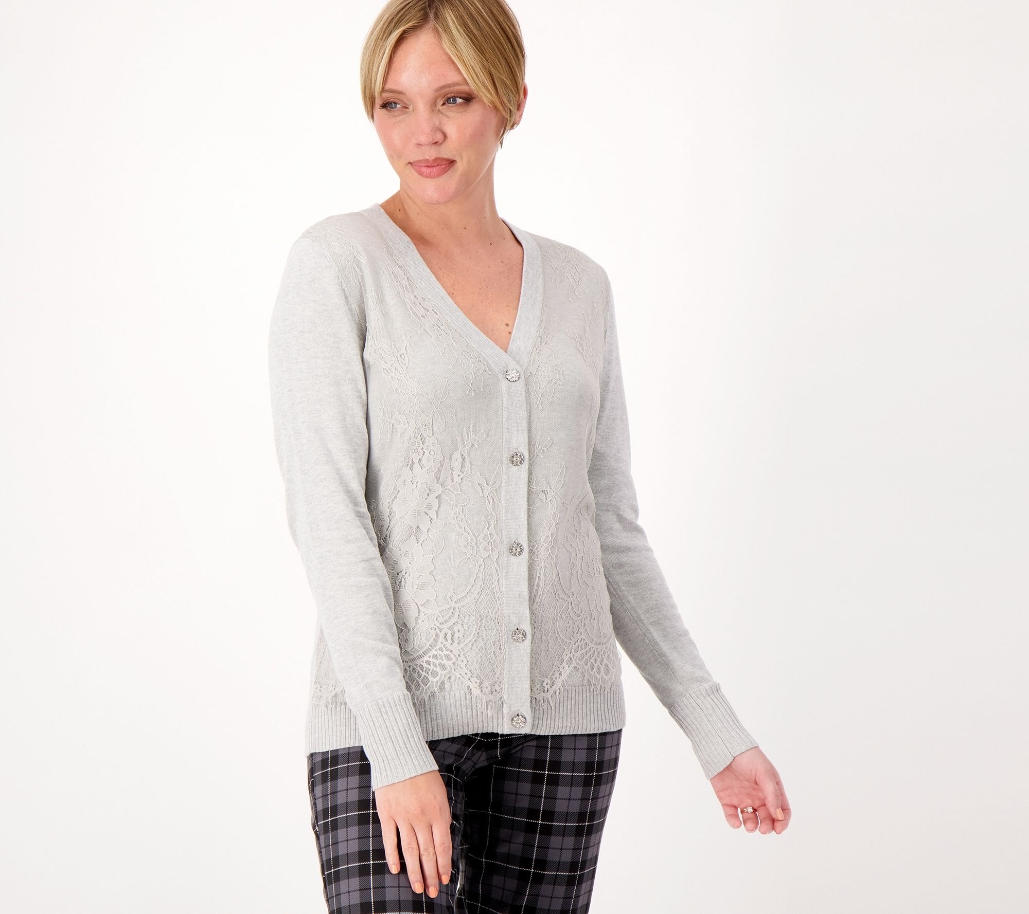 "As Is" Isaac Mizrahi Live Novelty Lace Overlay Sweater Cardigan