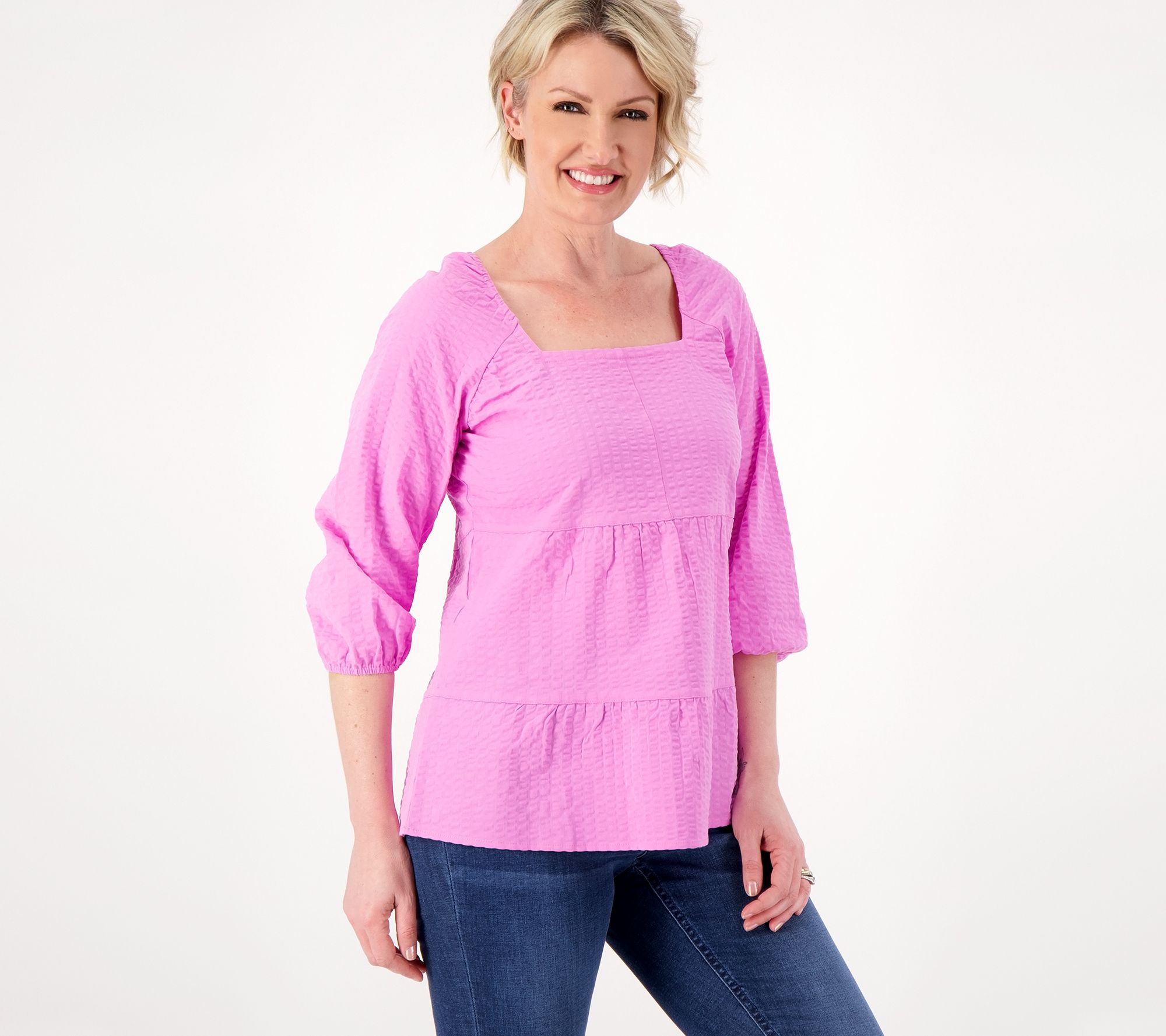 "As Is" Denim & Co. Tiered Top with Elastic Neckline