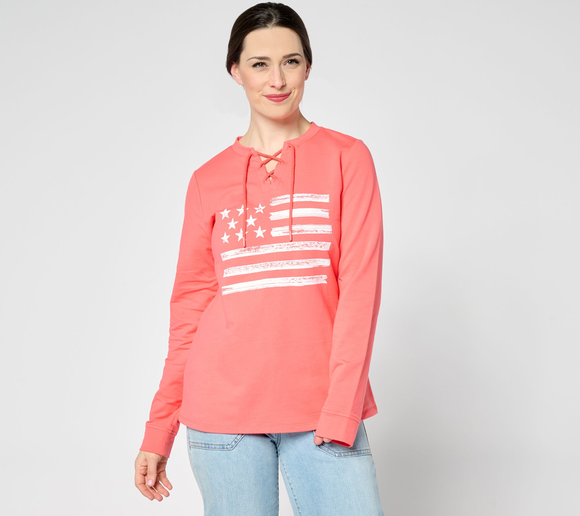 Denim & Co. Active Americana Flag French Terry Sweatshirt