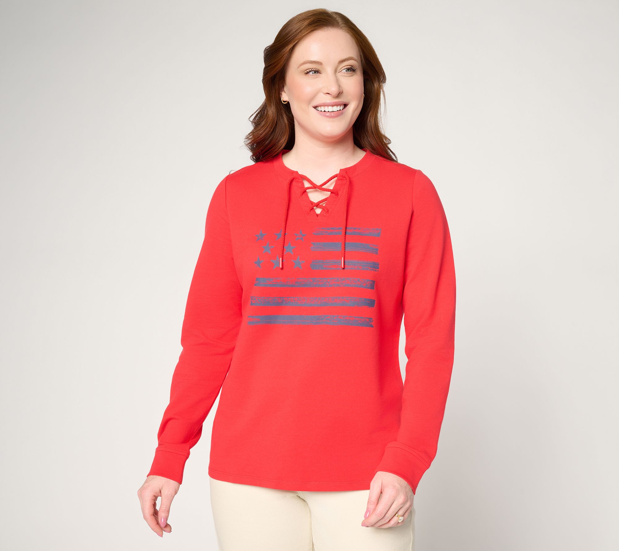 Denim & Co. Active Americana Flag French Terry Sweatshirt