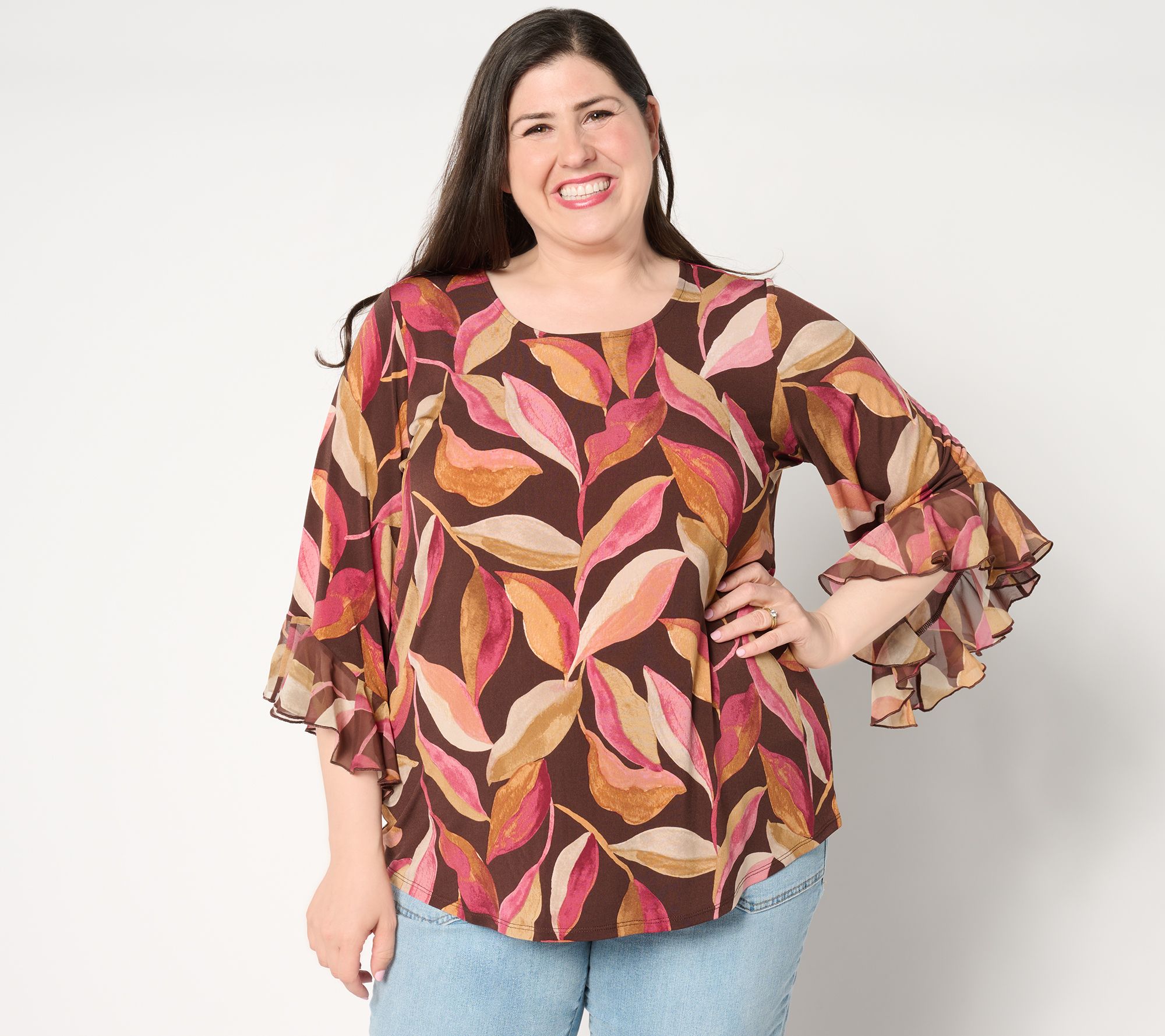 Susan Graver Printed Liquid Knit Scoop-Neck Top w/ Woven Ruffle Sleeves