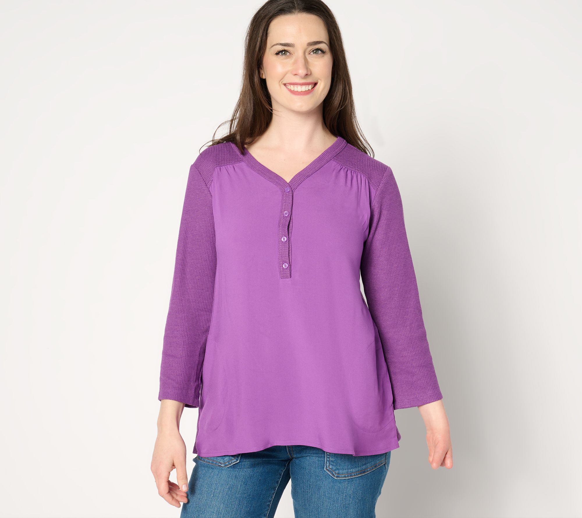 LOGO by Lori Goldstein 3/4 Sleeve V-Neck Henley Waffle Mix Top