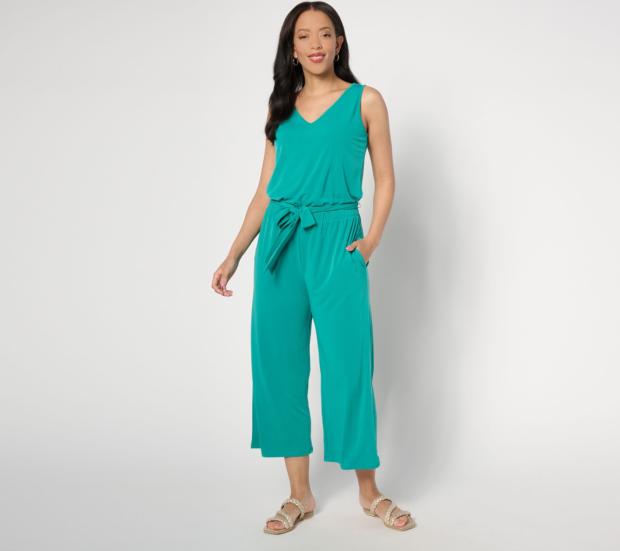 "As Is" Denim & Co. Regular V-Neck Cropped Wide Leg Jumpsuit