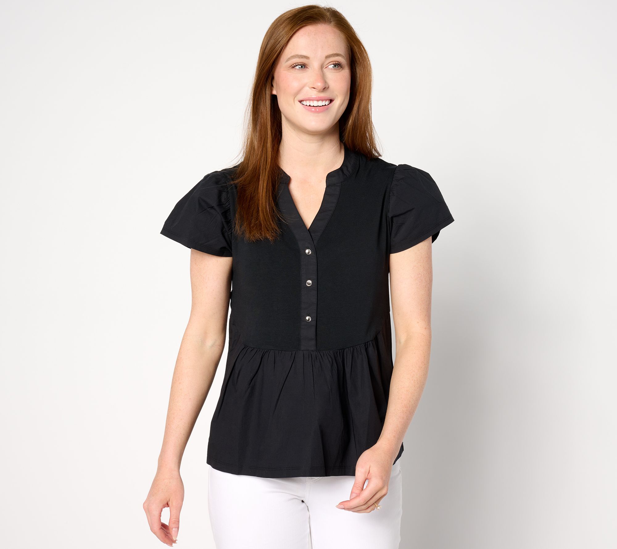 "As Is" AnyBody Flutter Sleeve Knit & Woven Henley Top