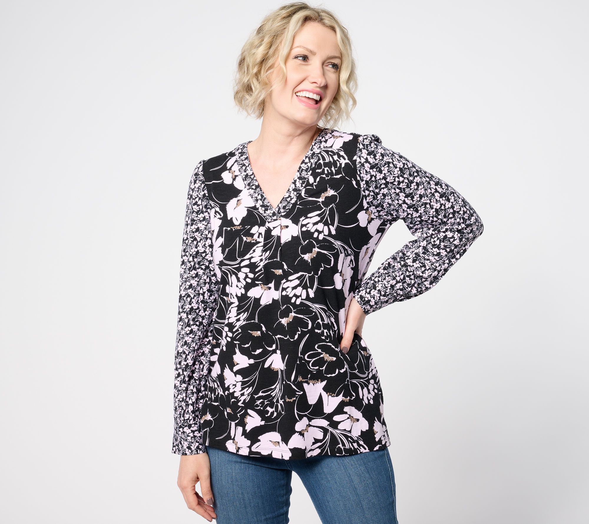 "As Is" Belle by Kim Gravel Slub Knit Twin Floral Blouson Top