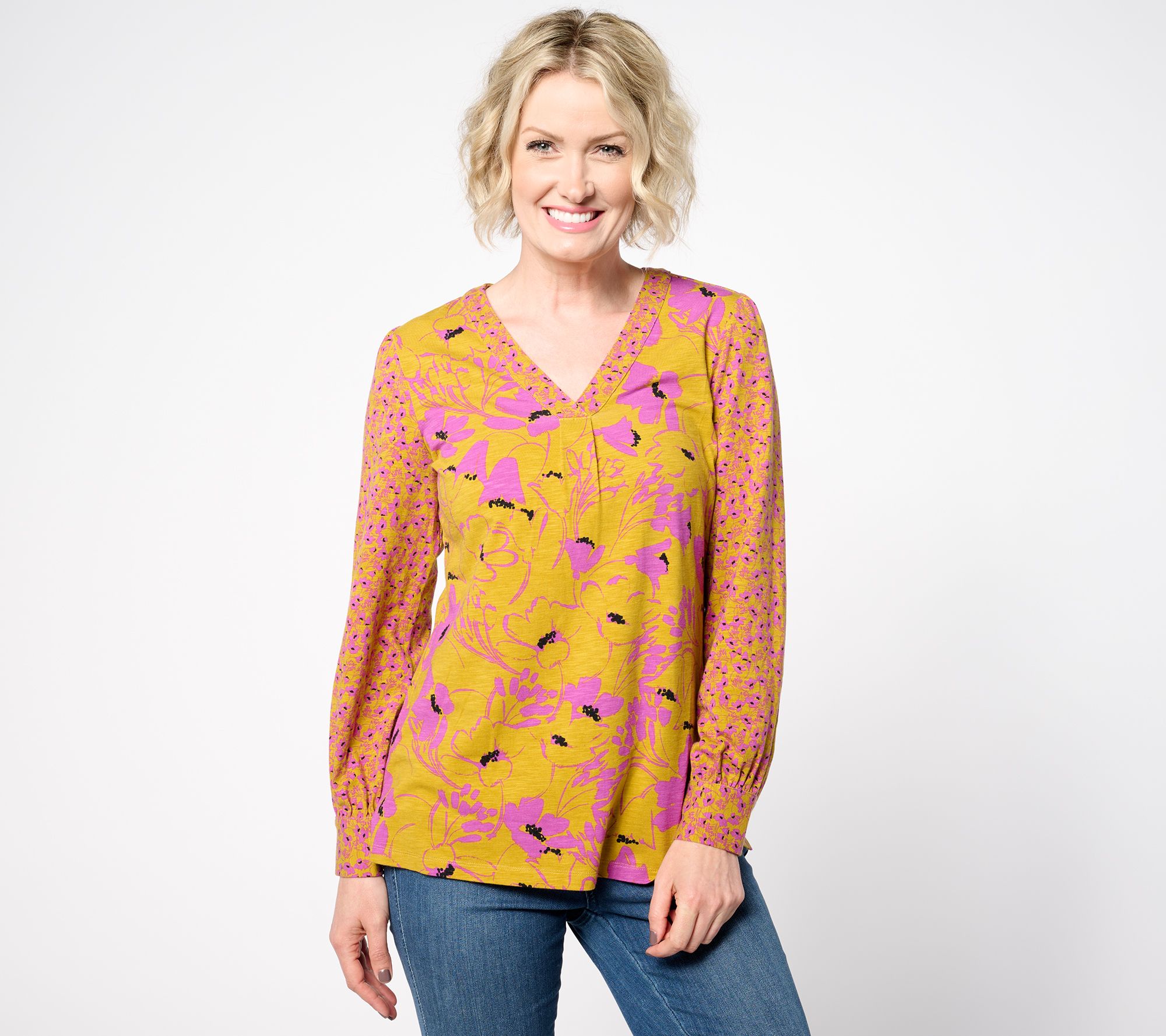 "As Is" Belle by Kim Gravel Slub Knit Twin Floral Blouson Top