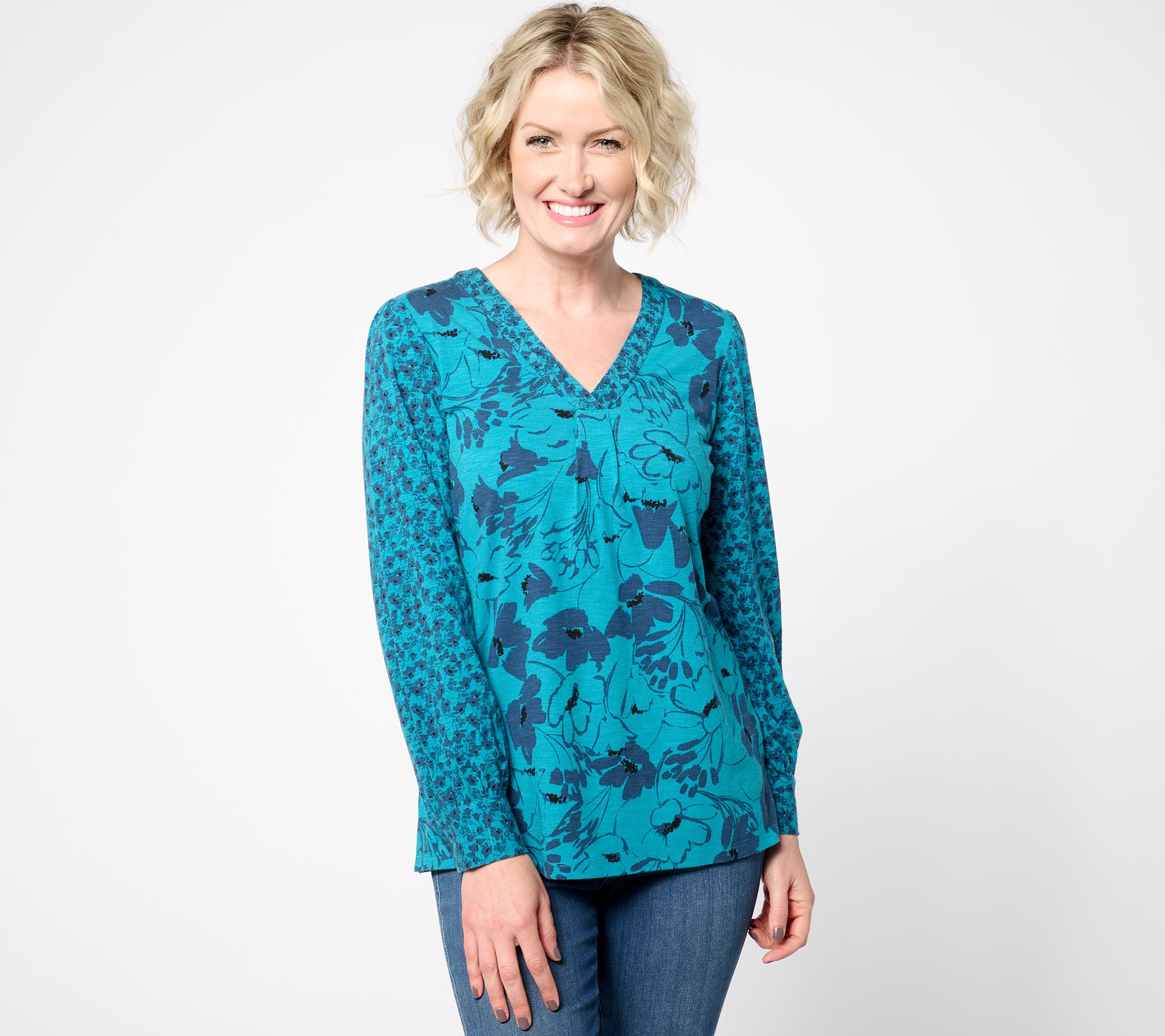 "As Is" Belle by Kim Gravel Slub Knit Twin Floral Blouson Top