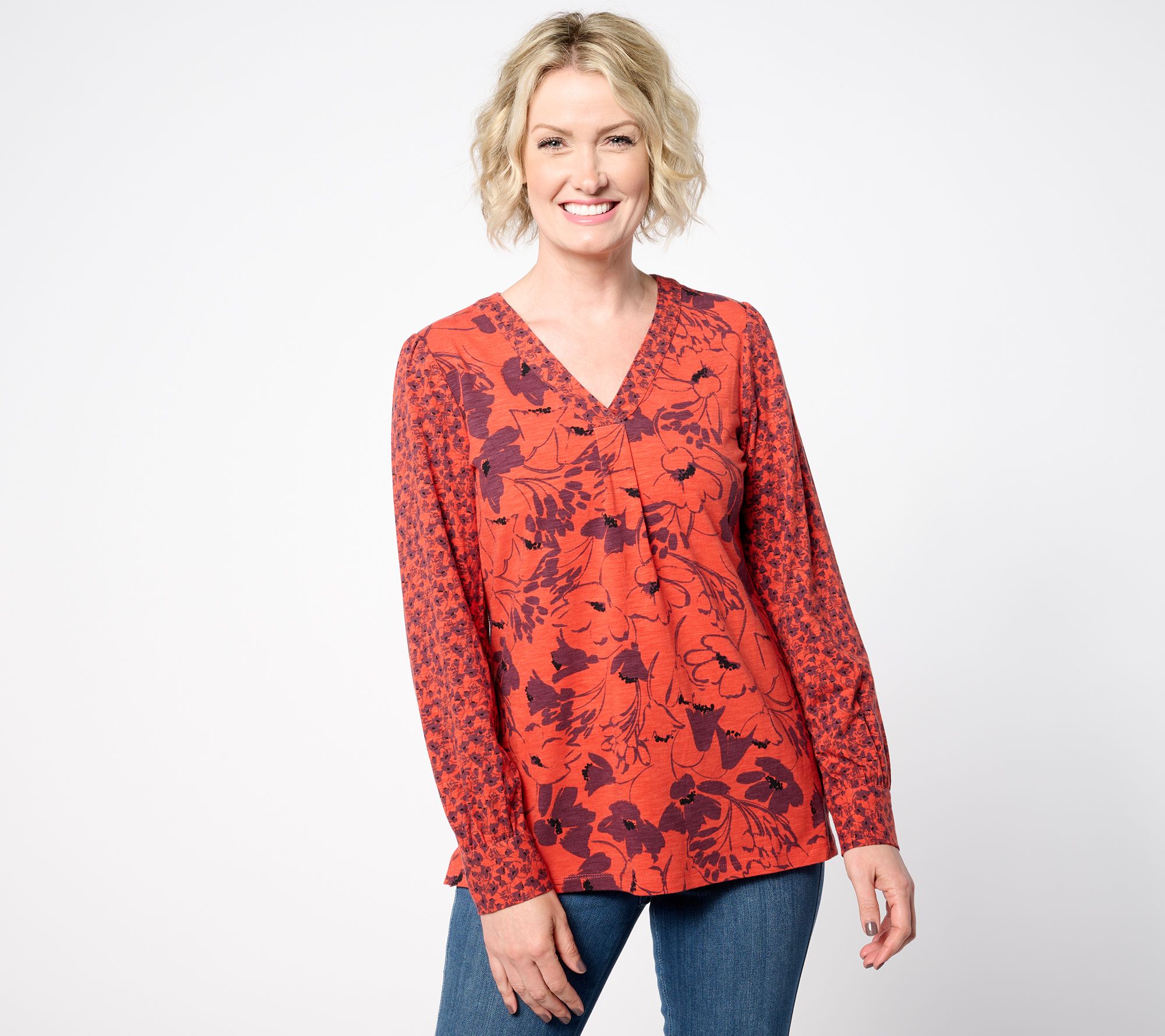 "As Is" Belle by Kim Gravel Slub Knit Twin Floral Blouson Top