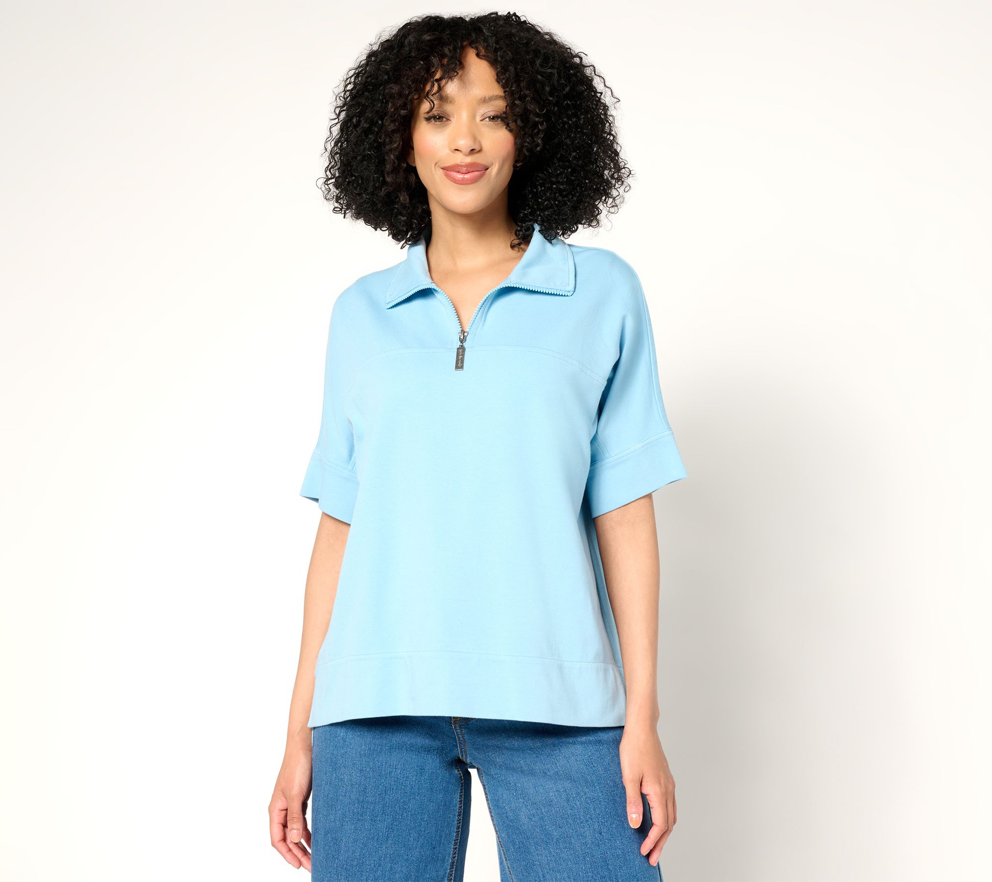 Peace Love World Zip Mock Neck Short Sleeve Top
