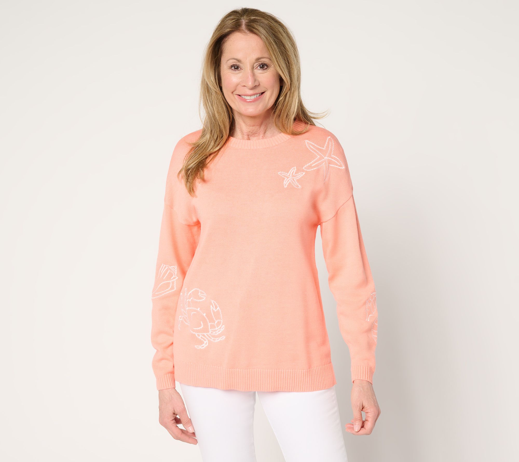 ニット・セーター HUECLOSET Round Pigment Knit SE428 Belle Beach by Kim Gravel Sea la Vie Sketch Sweater - QVC.com