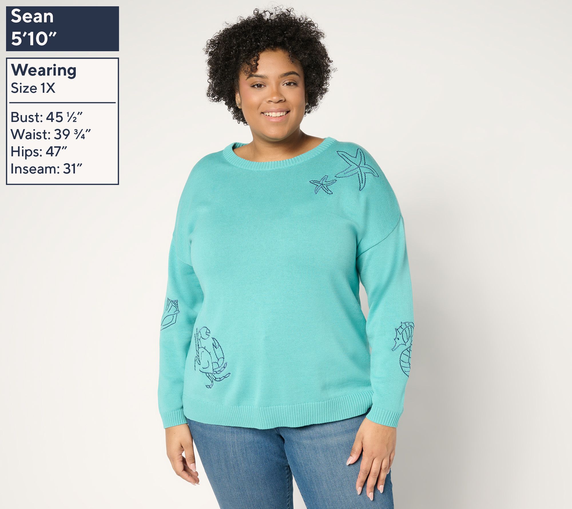 ニット・セーター HUECLOSET Round Pigment Knit SE428 Belle Beach by Kim Gravel Sea la Vie Sketch Sweater - QVC.com