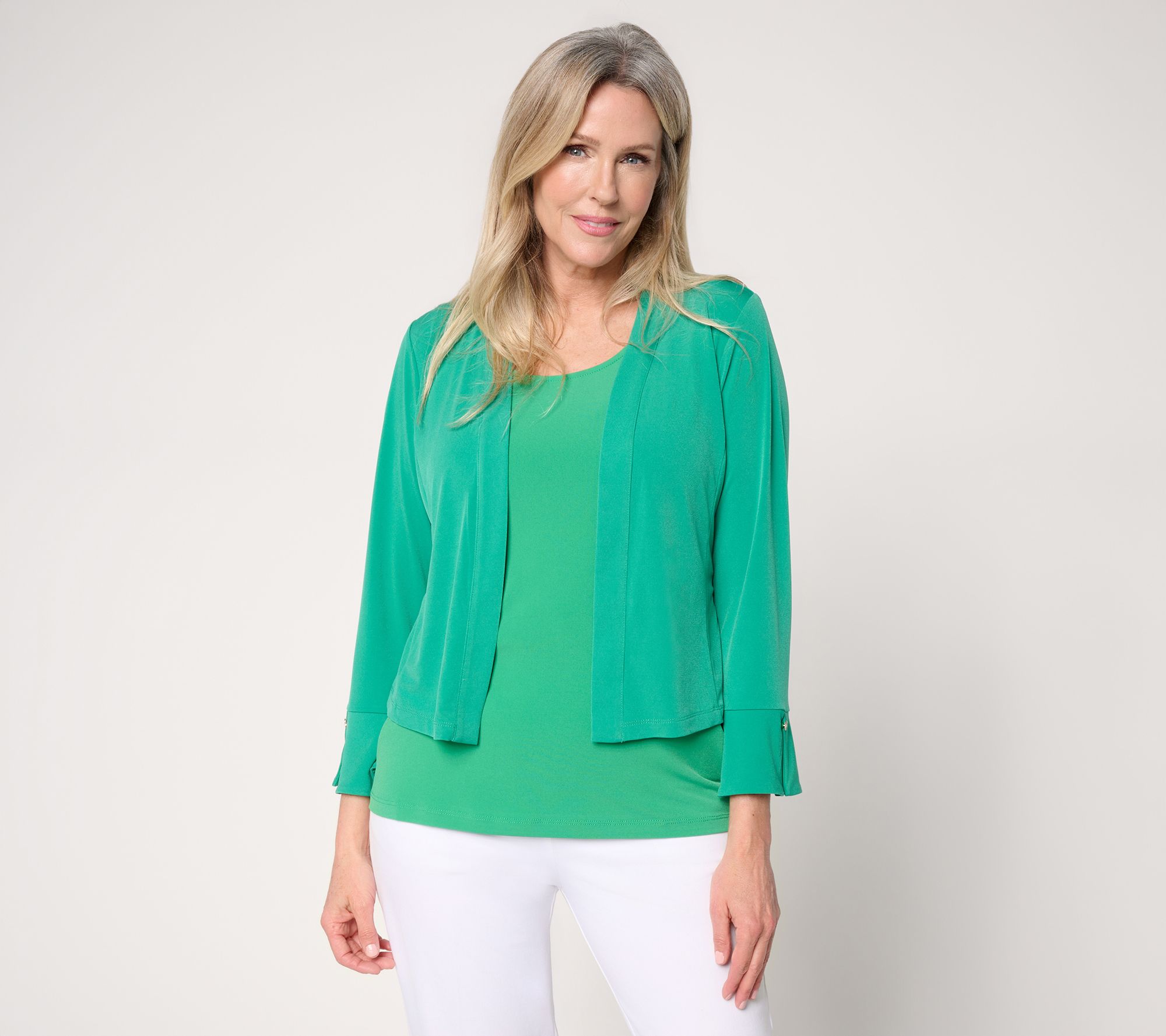 Susan Graver Print & Solid Liquid Knit Flounce Sleeve Shrug