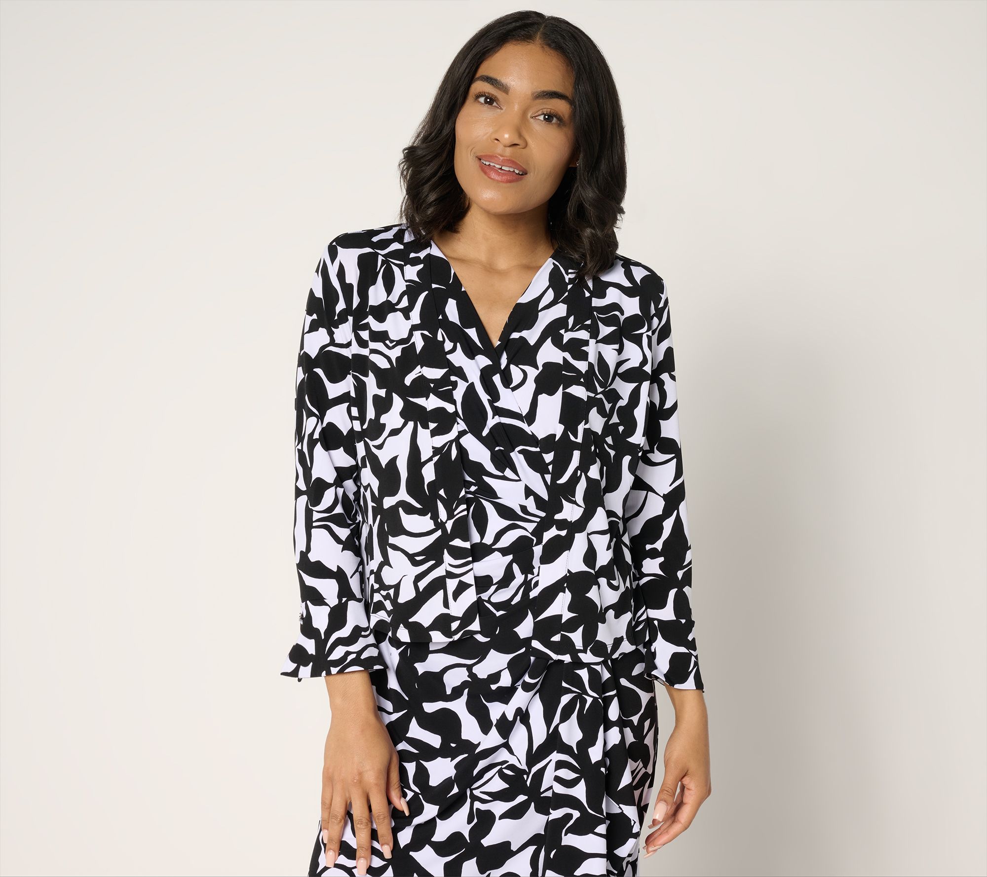 Susan Graver Print & Solid Liquid Knit Flounce Sleeve Shrug