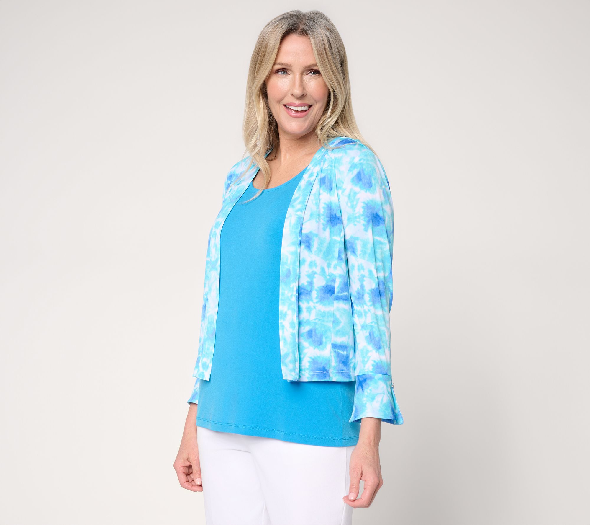 Susan Graver Print & Solid Liquid Knit Flounce Sleeve Shrug