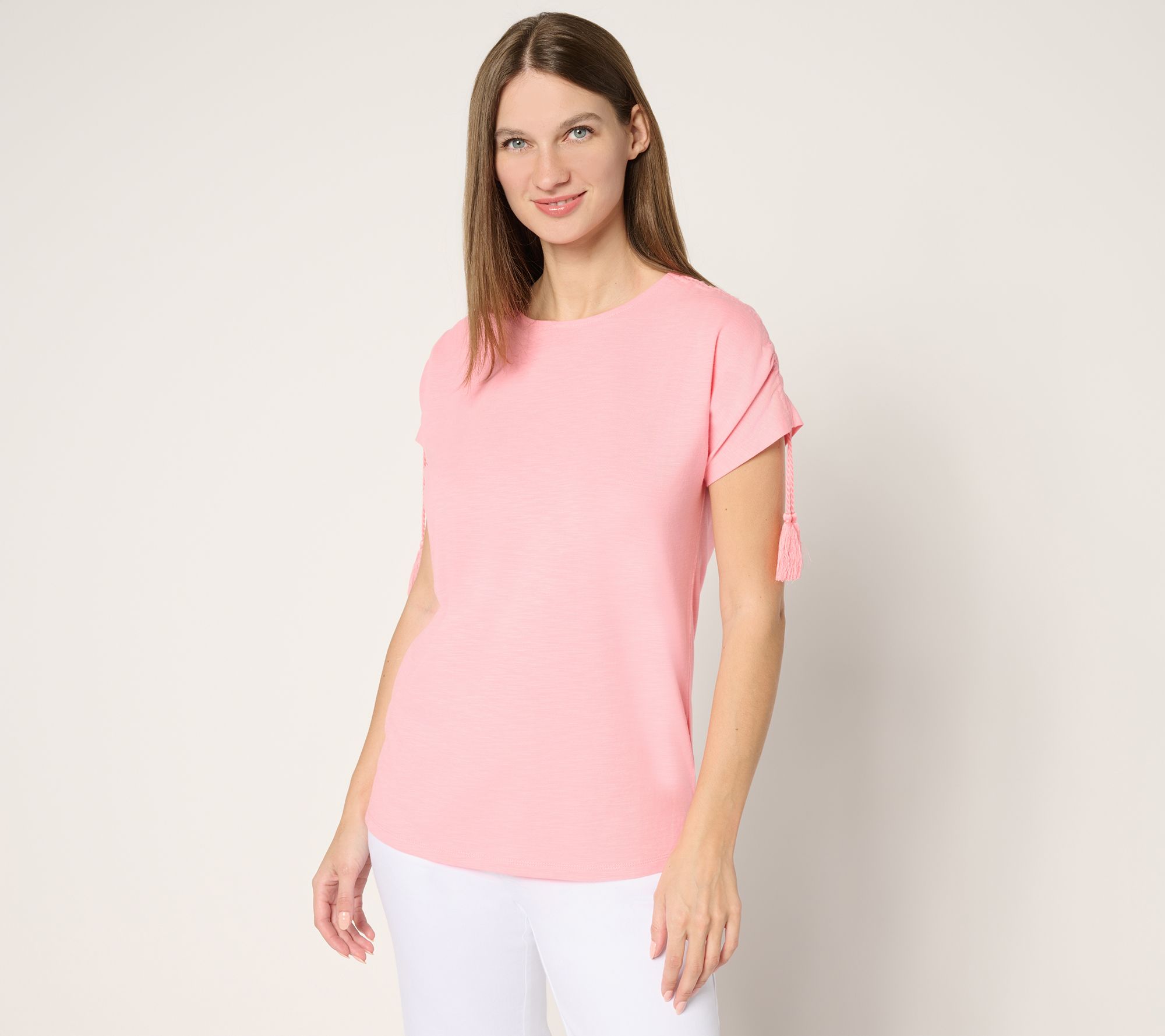 Belle Beach by Kim Gravel Slub Knit Ruched Sleeve Top w