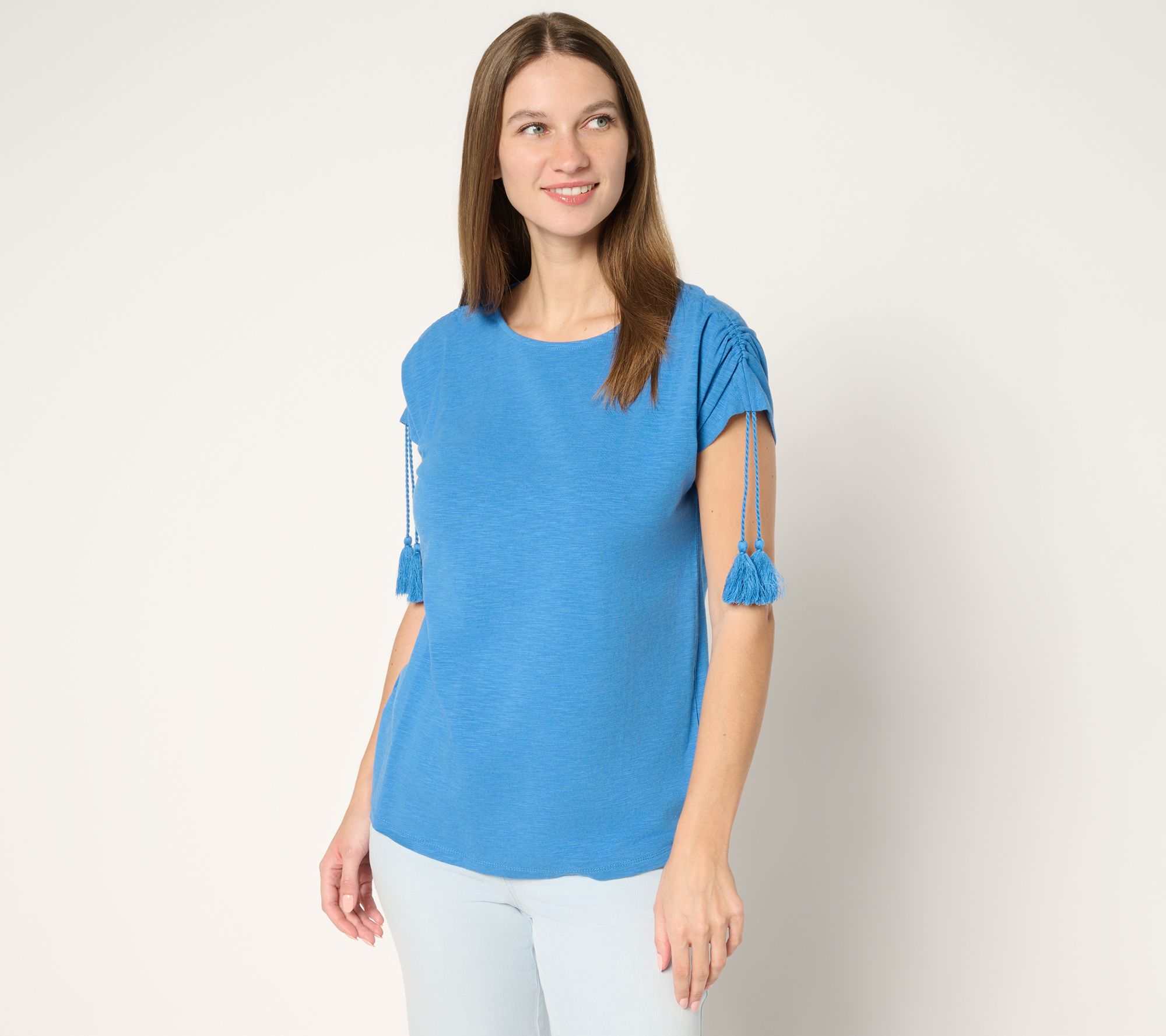 Belle Beach by Kim Gravel Slub Knit Ruched Sleeve Top w/ Tassels