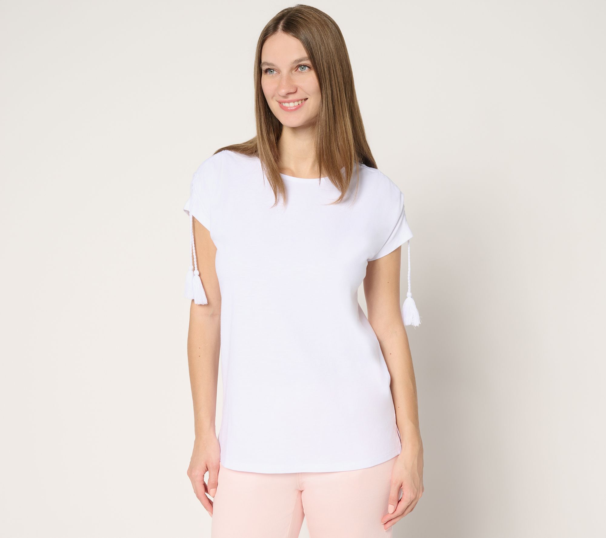 Belle Beach by Kim Gravel Slub Knit Ruched Sleeve Top w/ Tassels