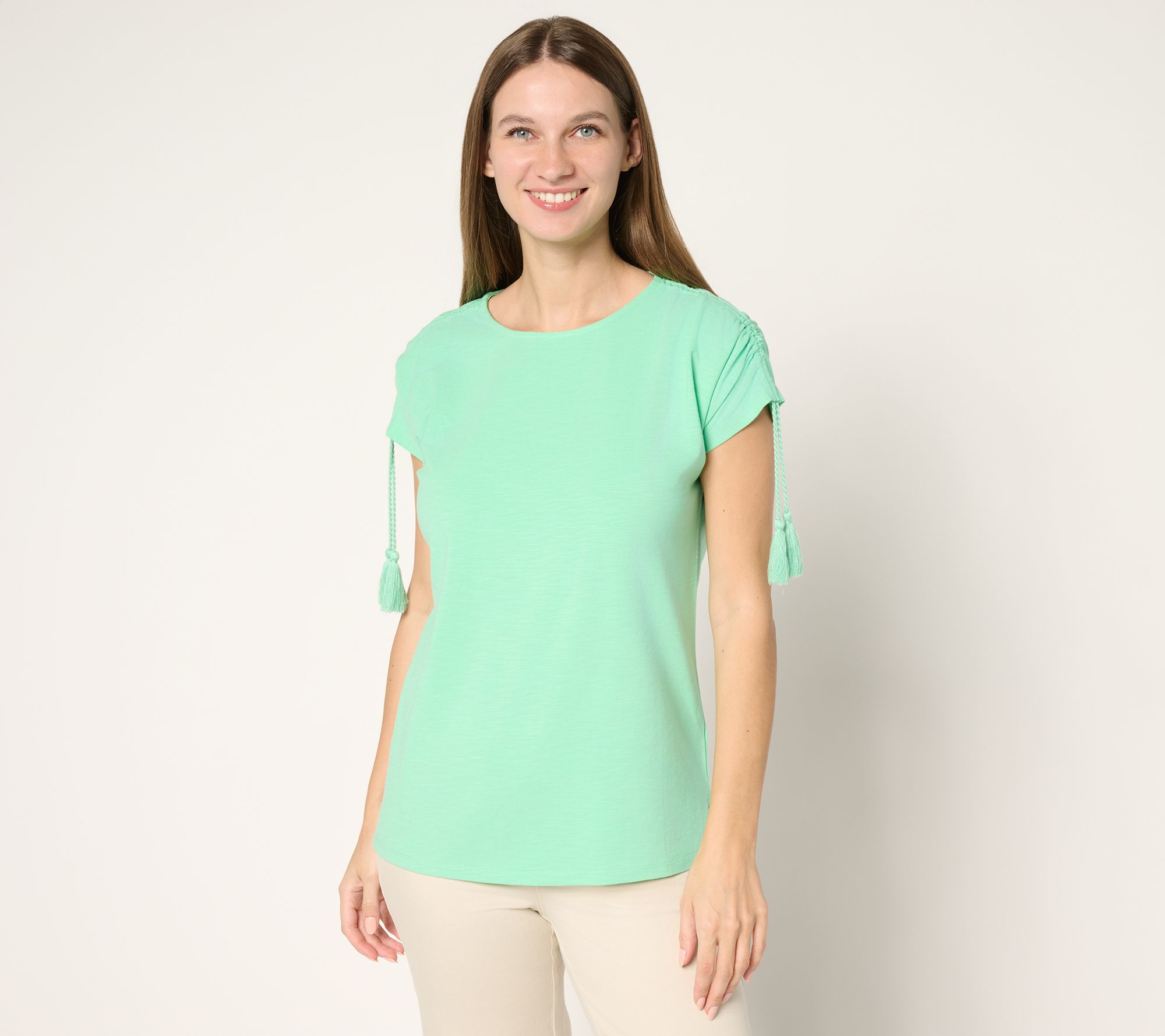 Belle Beach by Kim Gravel Slub Knit Ruched Sleeve Top w/ Tassels