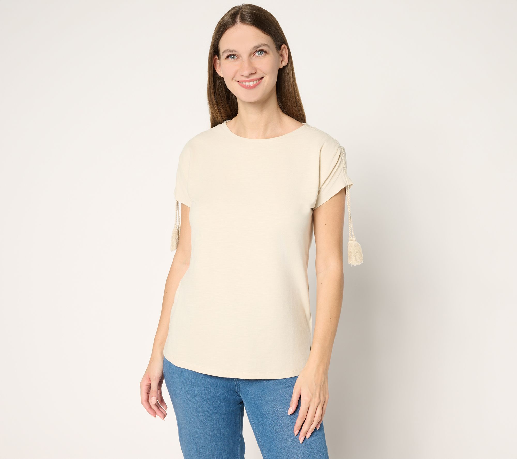 Belle Beach by Kim Gravel Slub Knit Ruched Sleeve Top w/ Tassels