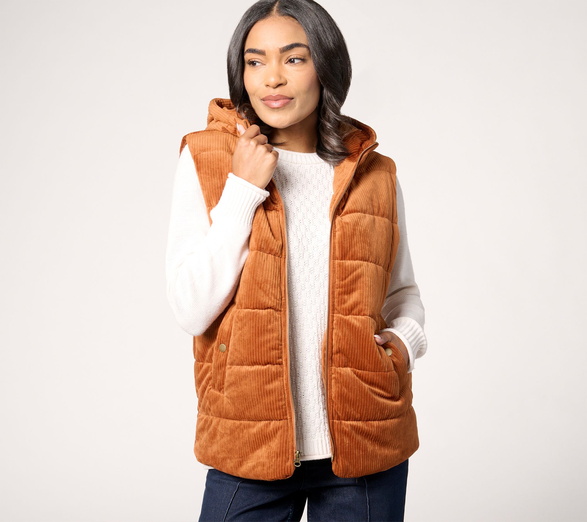 "As Is" Susan Graver Weekend Lightly Quilted Knit Corduroy Hooded Vest
