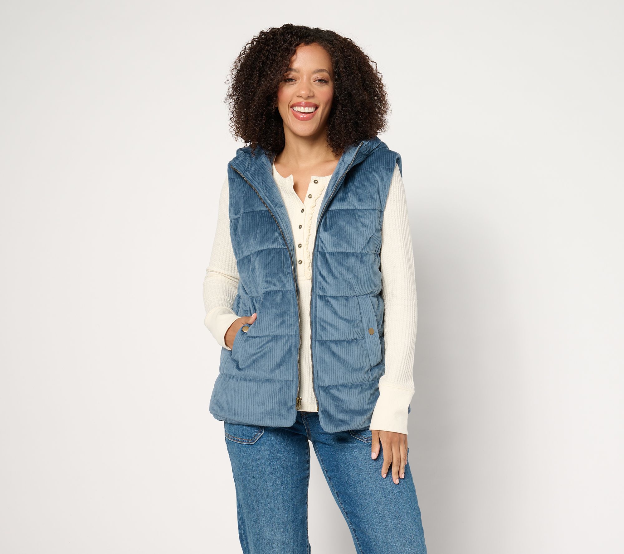 "As Is" Susan Graver Weekend Lightly Quilted Knit Corduroy Hooded Vest