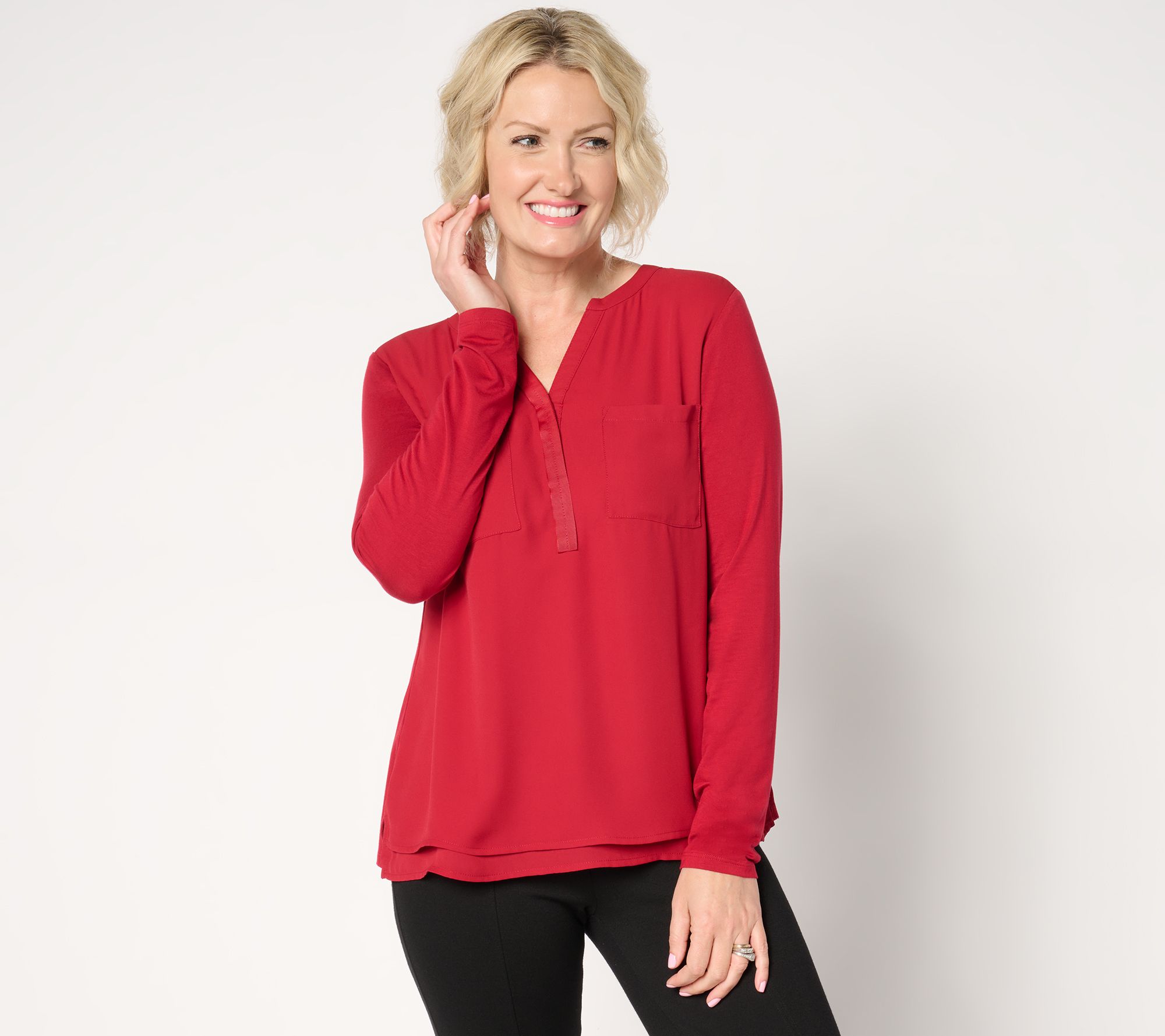 "As Is" Joan Rivers Y-Neck Mixed Media Long Sleeve Top