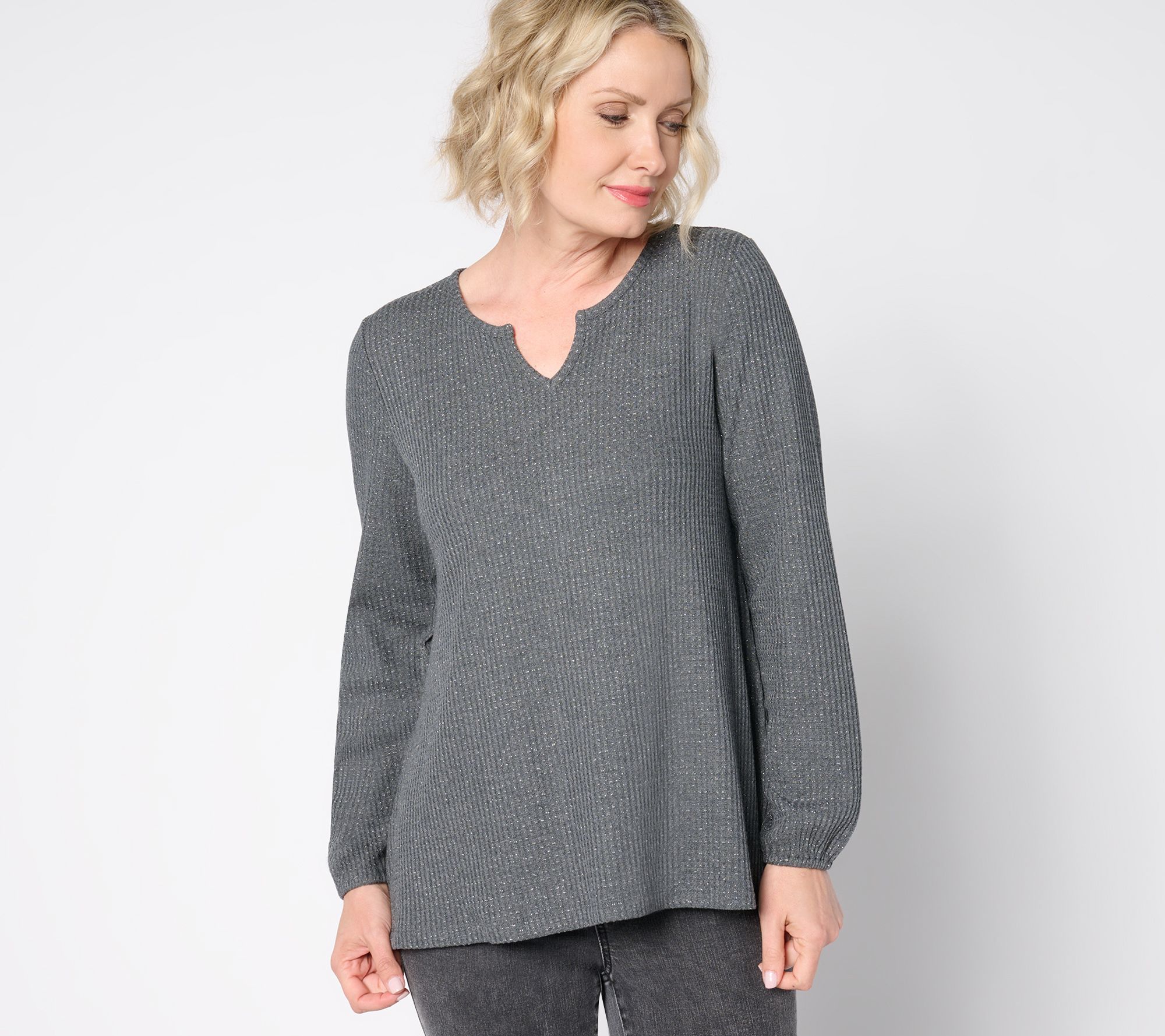 "As Is" Denim & Co. Petite Shimmer Wafffle Split Neck A-Line Tunic
