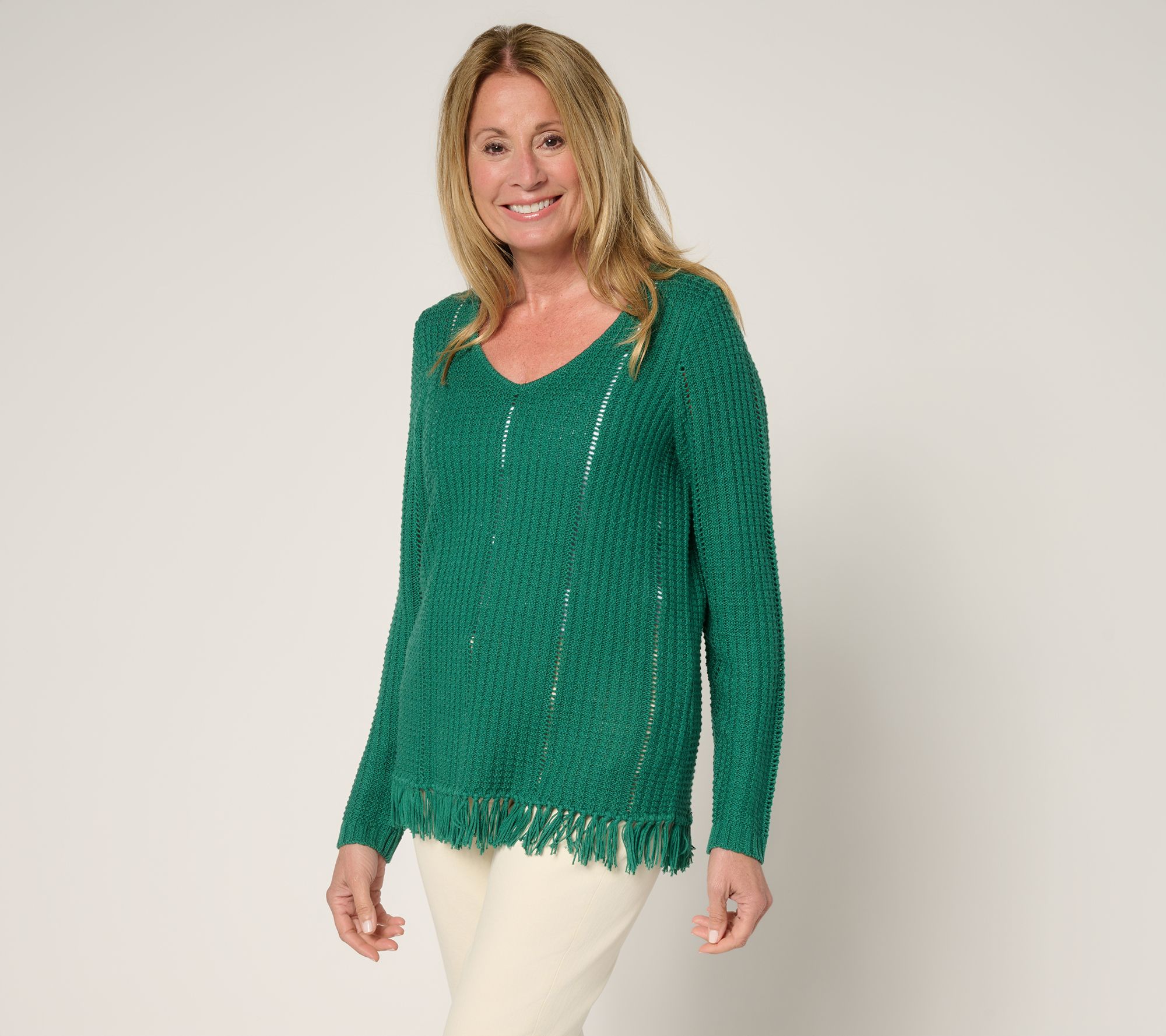 Susan Graver Long Sleeve Fringe Hem Pointelle Sweater