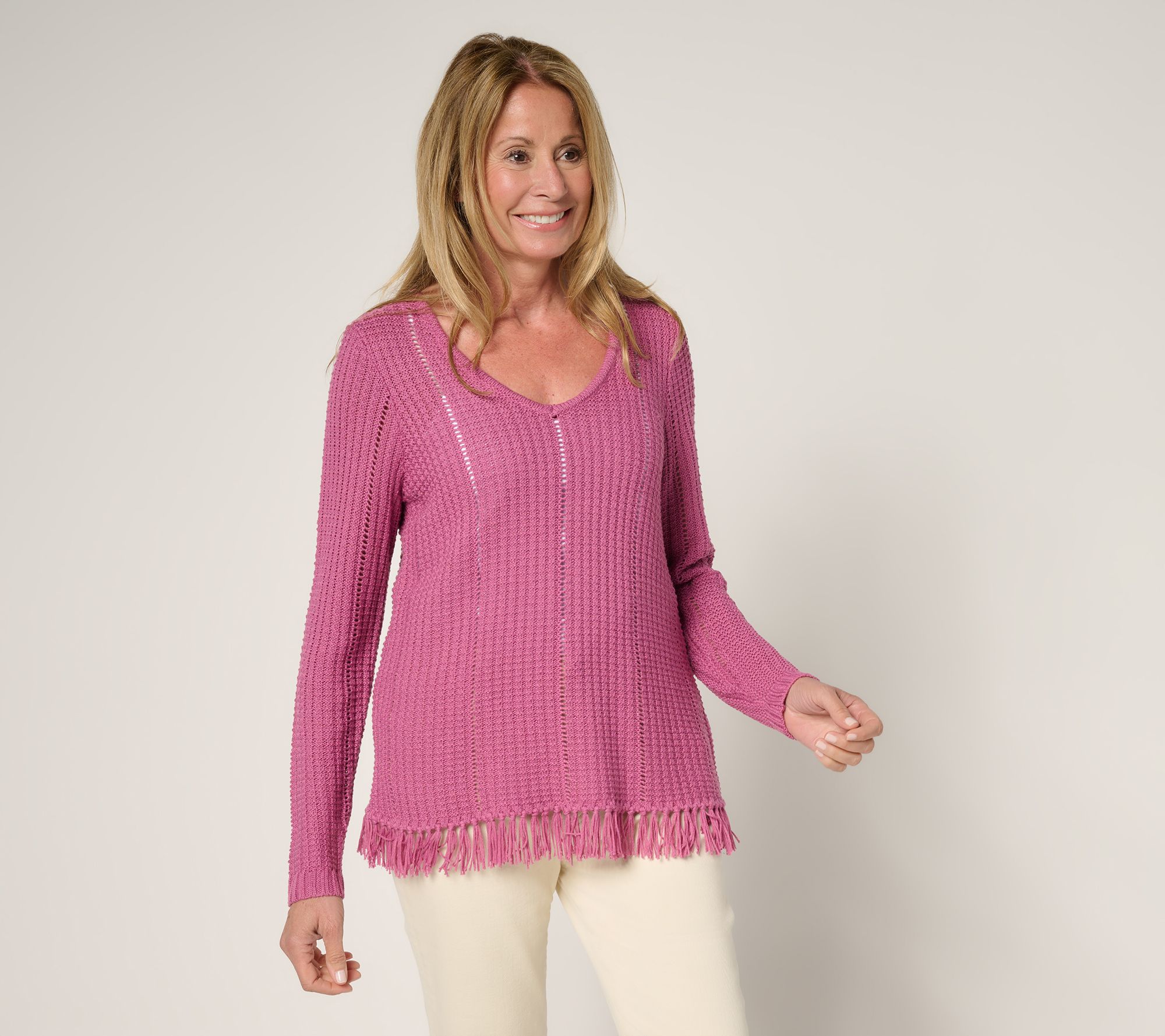 Susan Graver Long Sleeve Fringe Hem Pointelle Sweater