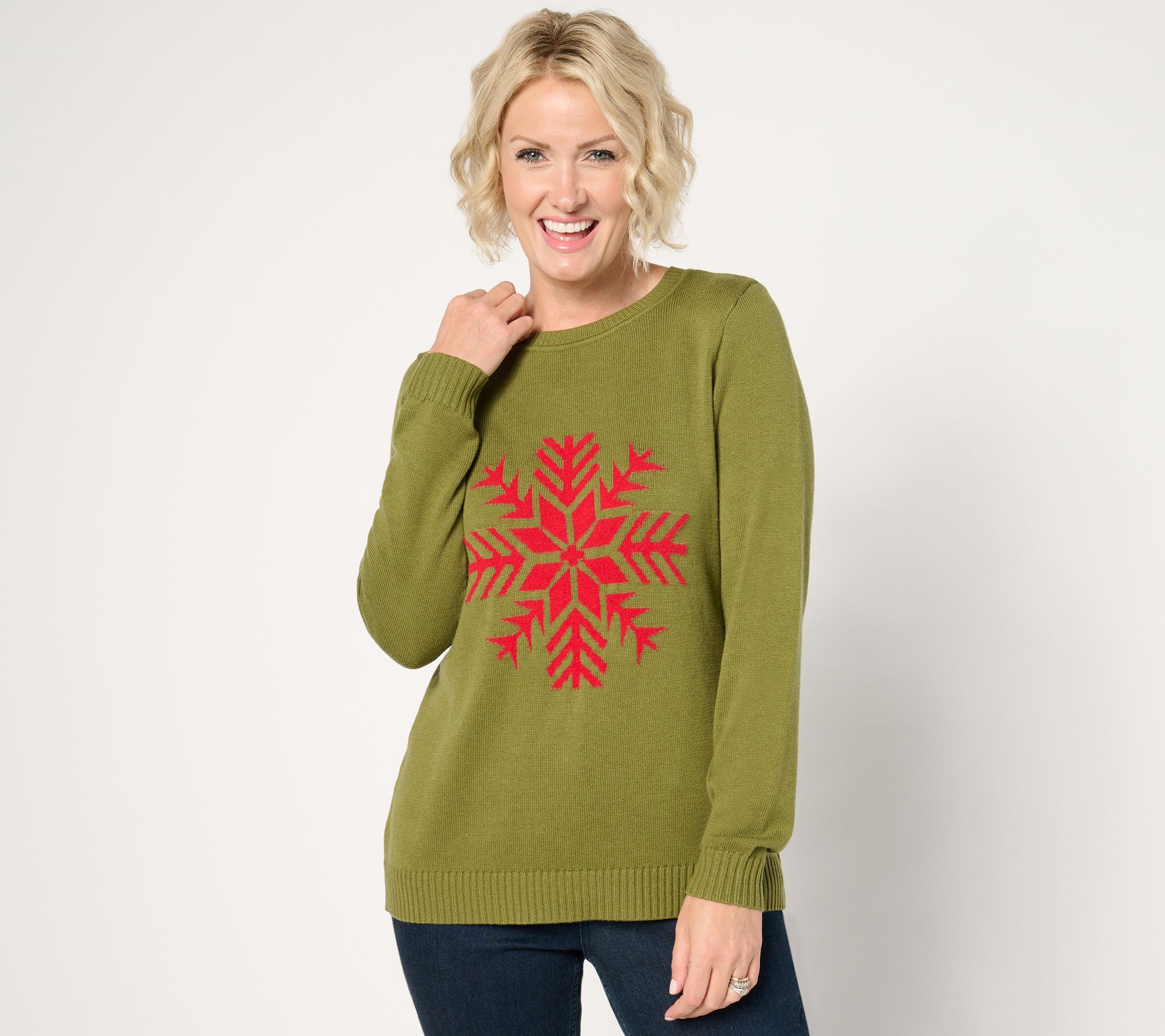 "As Is" Joan Rivers Snowflake Intarsia Crew Sweater