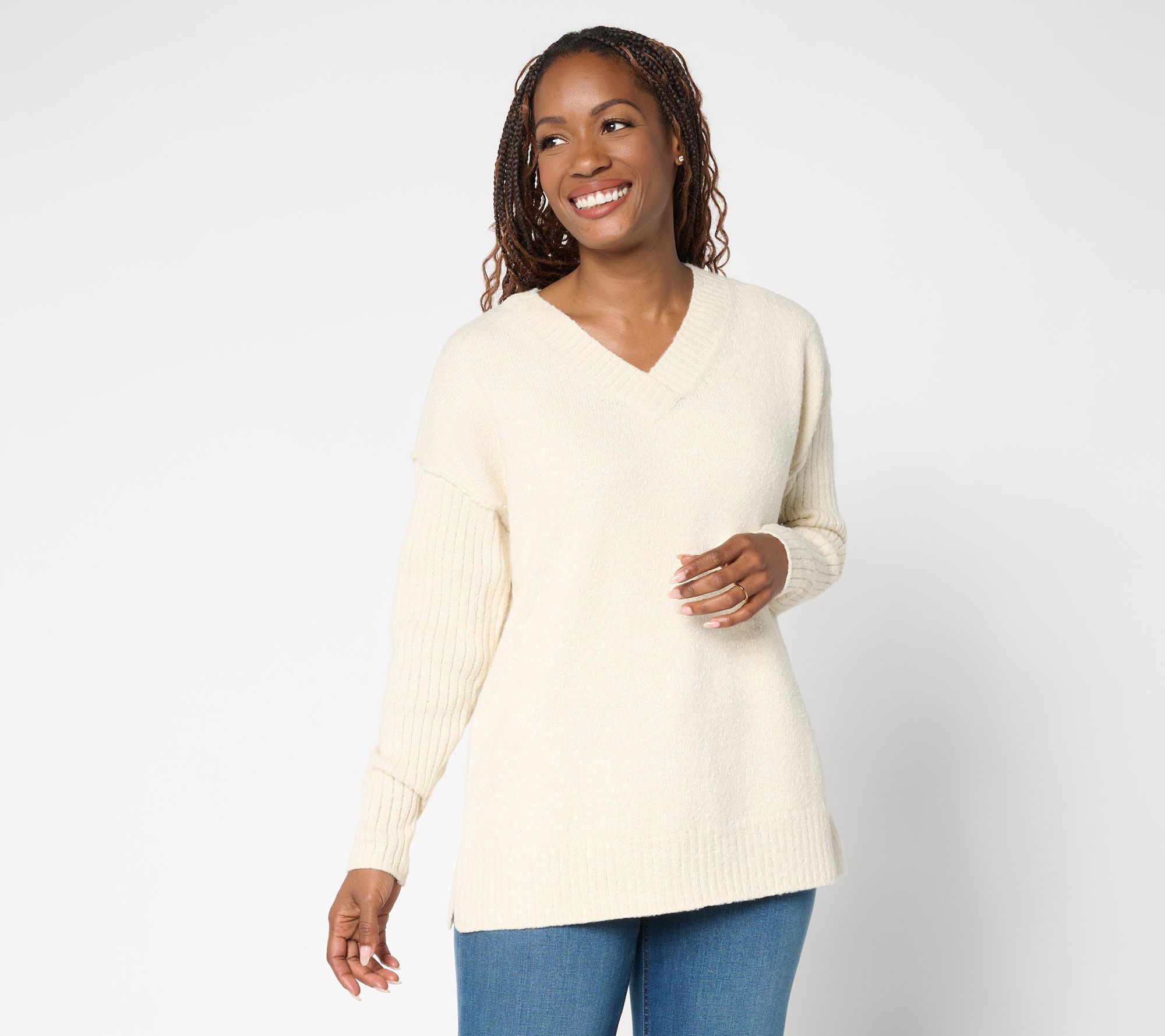 Belle by Kim Gravel Boyfriend Ribbed & Jersey V-Neck Sweater