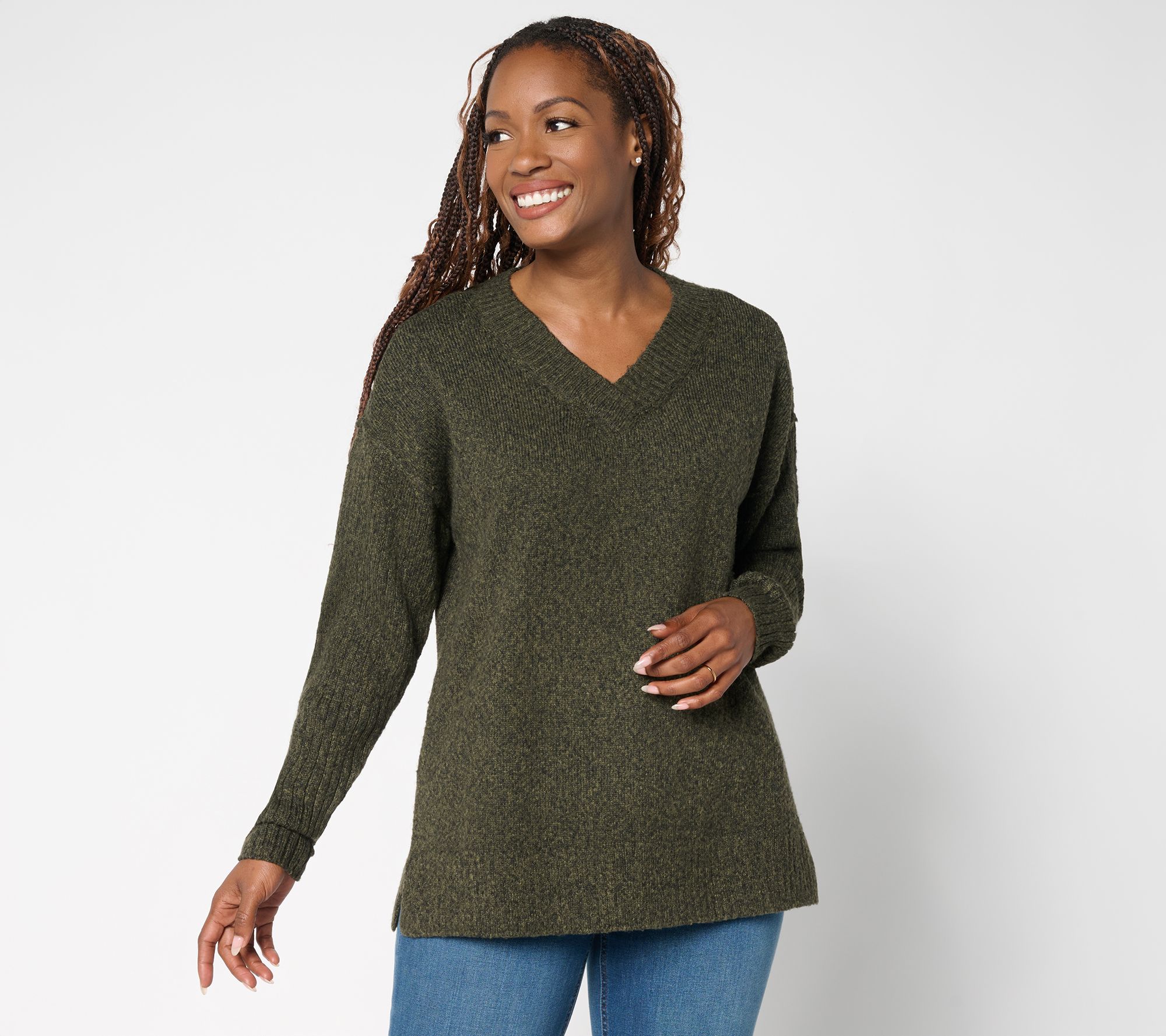 Belle by Kim Gravel Boyfriend Ribbed & Jersey V-Neck Sweater