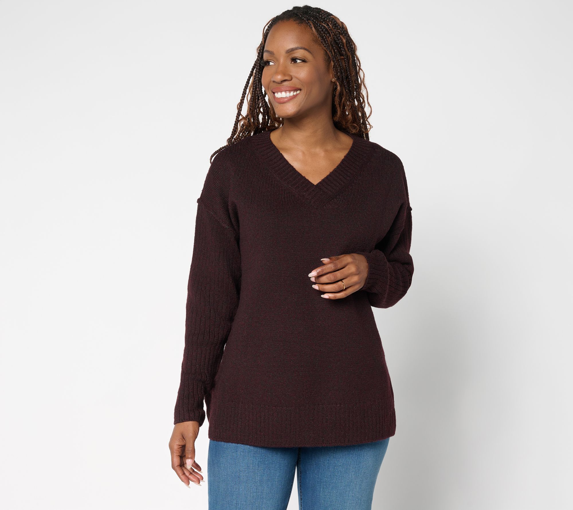 Belle by Kim Gravel Boyfriend Ribbed & Jersey V-Neck Sweater